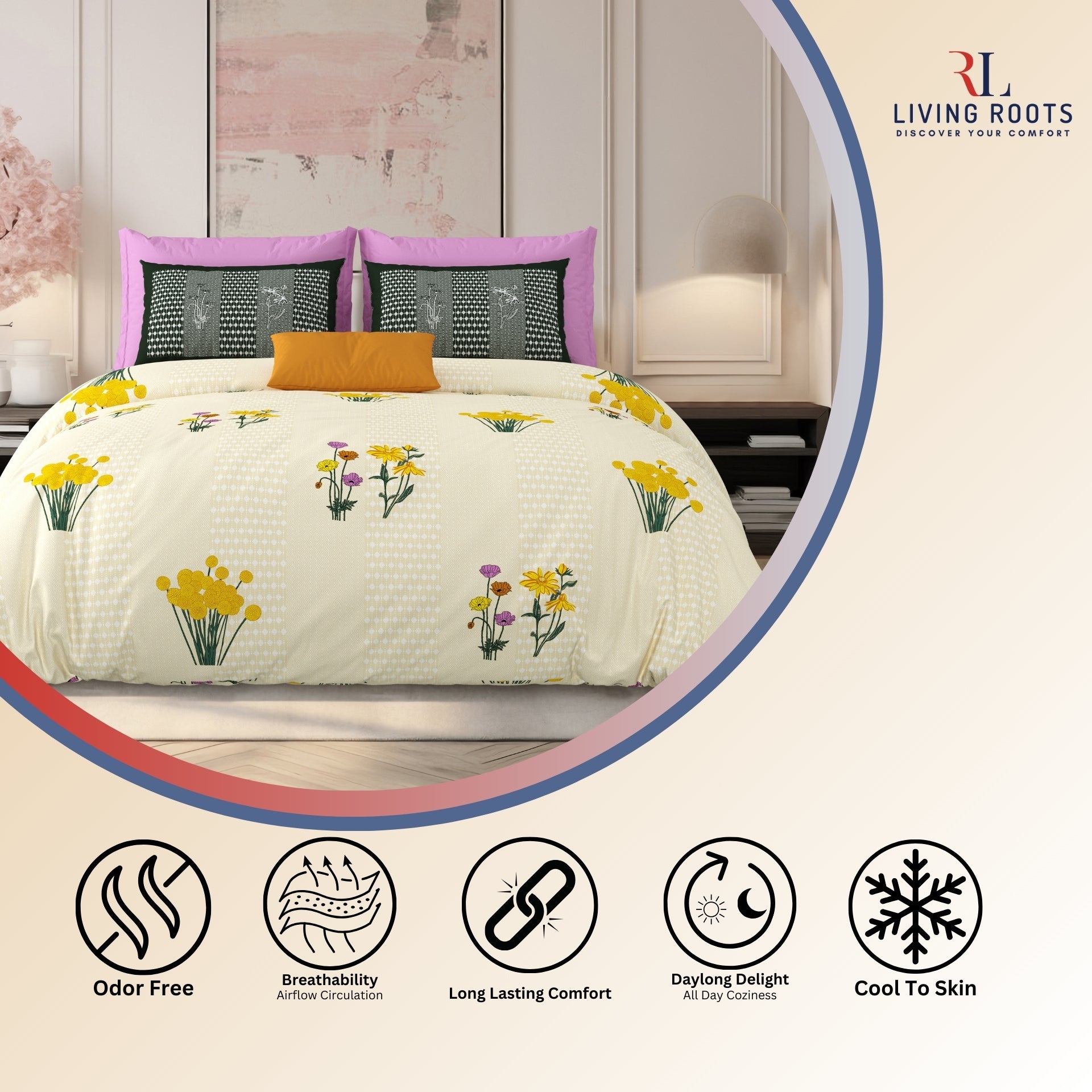 LIVING ROOTS Jaipuri Hand Block Print Super King Cotton Bedsheet 104*104 inches (8.6*8.6 feet) With 2 Pillow Cover | 240 TC | Rich Fast Colour With No Colour Bleeding | (522-D) (Yellow)