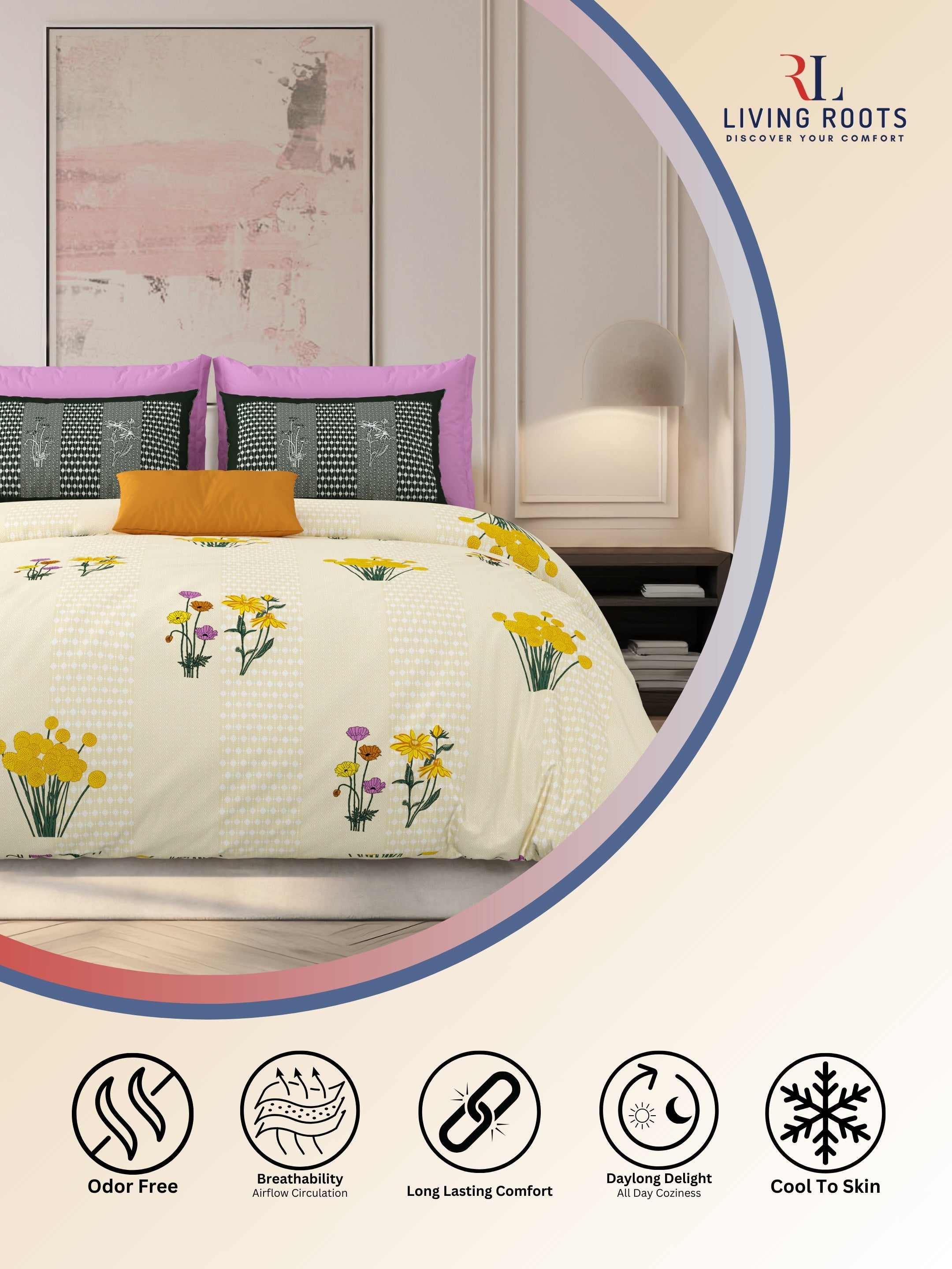 LIVING ROOTS Jaipuri Hand Block Print Super King Cotton Bedsheet 104*104 inches (8.6*8.6 feet) With 2 Pillow Cover | 240 TC | Rich Fast Colour With No Colour Bleeding | (522-D) (Yellow)
