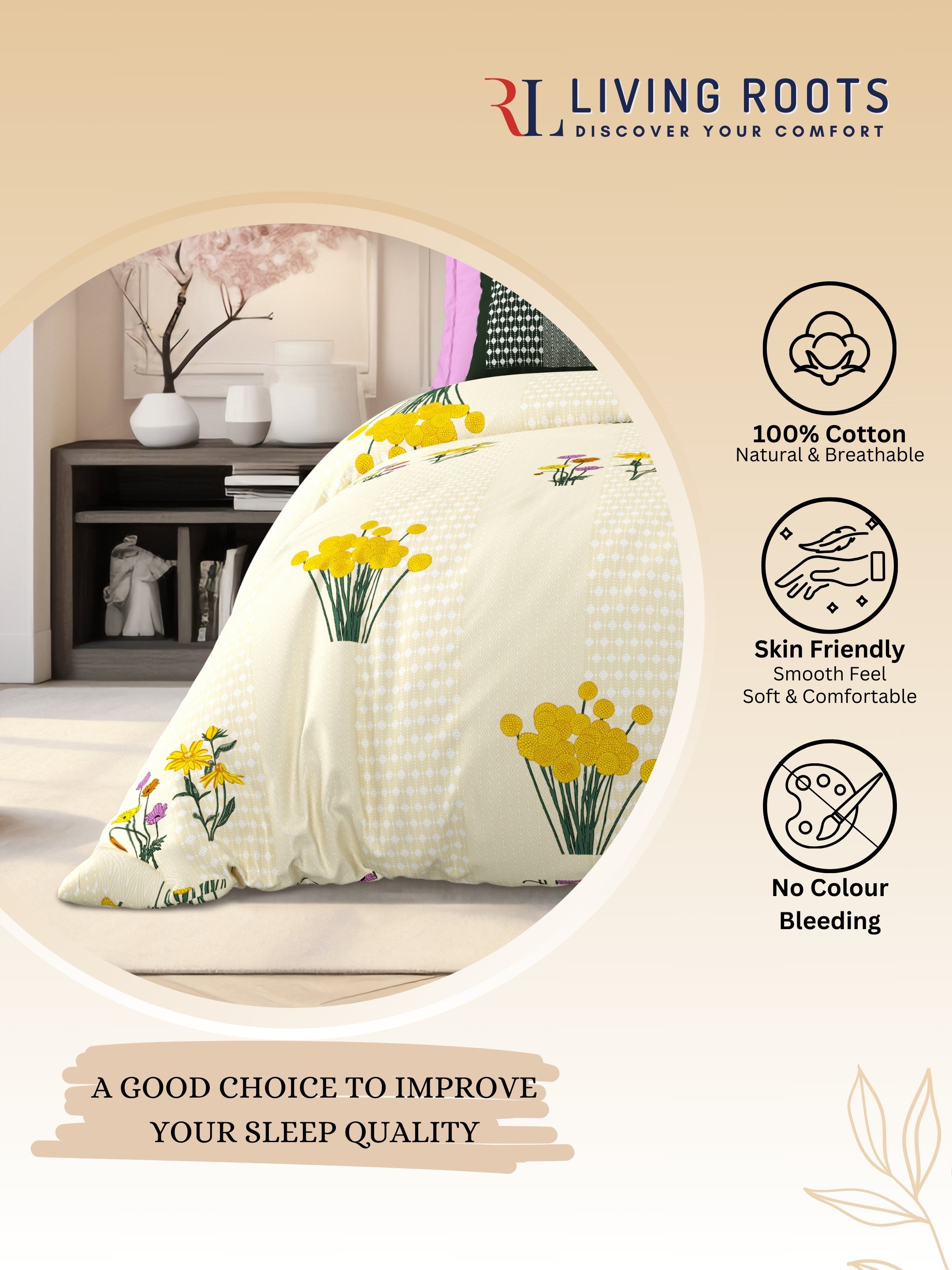 LIVING ROOTS Jaipuri Hand Block Print Super King Cotton Bedsheet 104*104 inches (8.6*8.6 feet) With 2 Pillow Cover | 240 TC | Rich Fast Colour With No Colour Bleeding | (522-D) (Yellow)