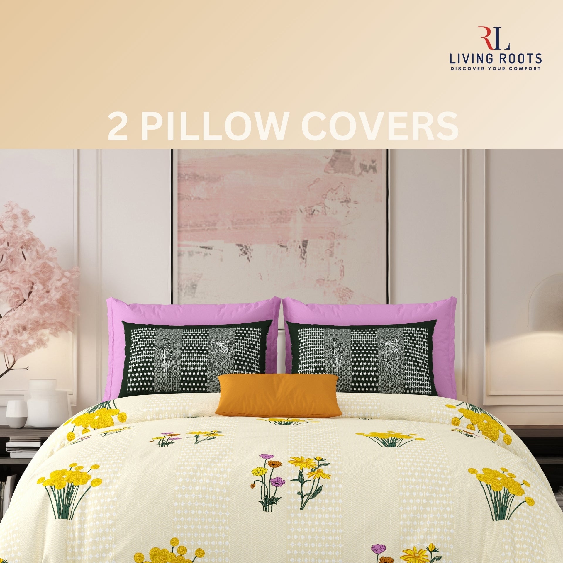 LIVING ROOTS Jaipuri Hand Block Print Super King Cotton Bedsheet 104*104 inches (8.6*8.6 feet) With 2 Pillow Cover | 240 TC | Rich Fast Colour With No Colour Bleeding | (522-D) (Yellow)