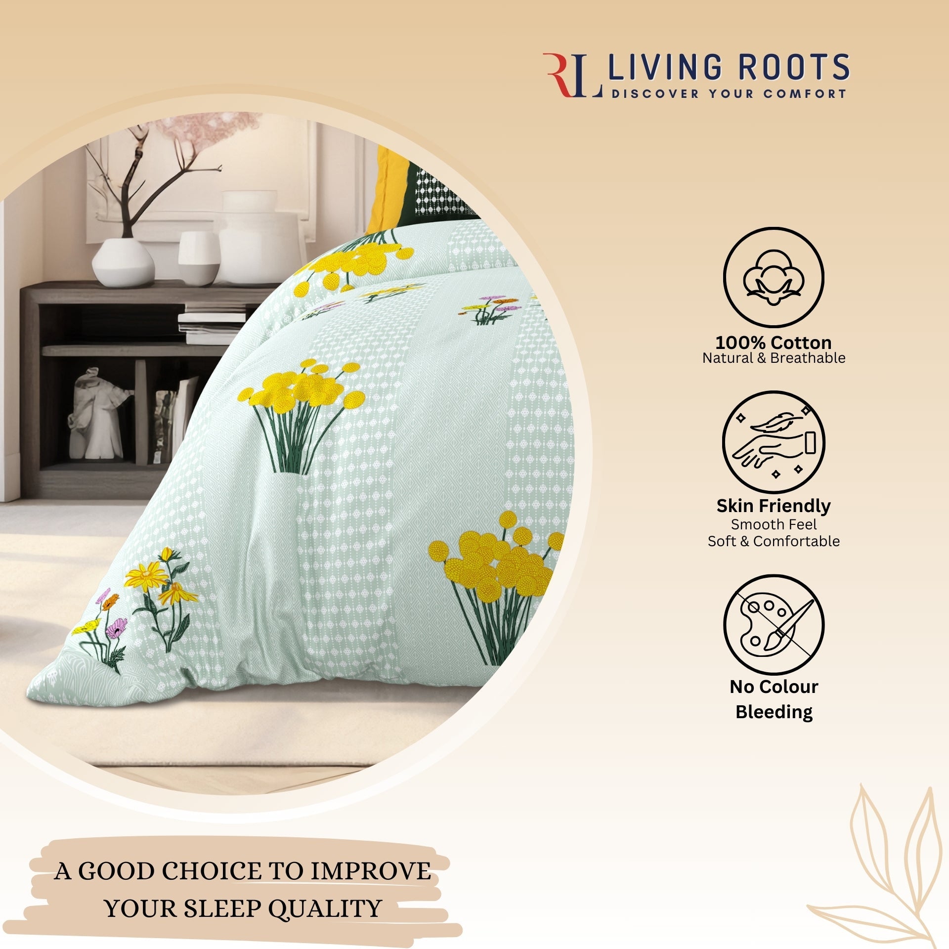 LIVING ROOTS Jaipuri Hand Block Print Super King Cotton Bedsheet 104*104 inches (8.6*8.6 feet) With 2 Pillow Cover | 240 TC | Rich Fast Colour With No Colour Bleeding | (522-E) (Green)
