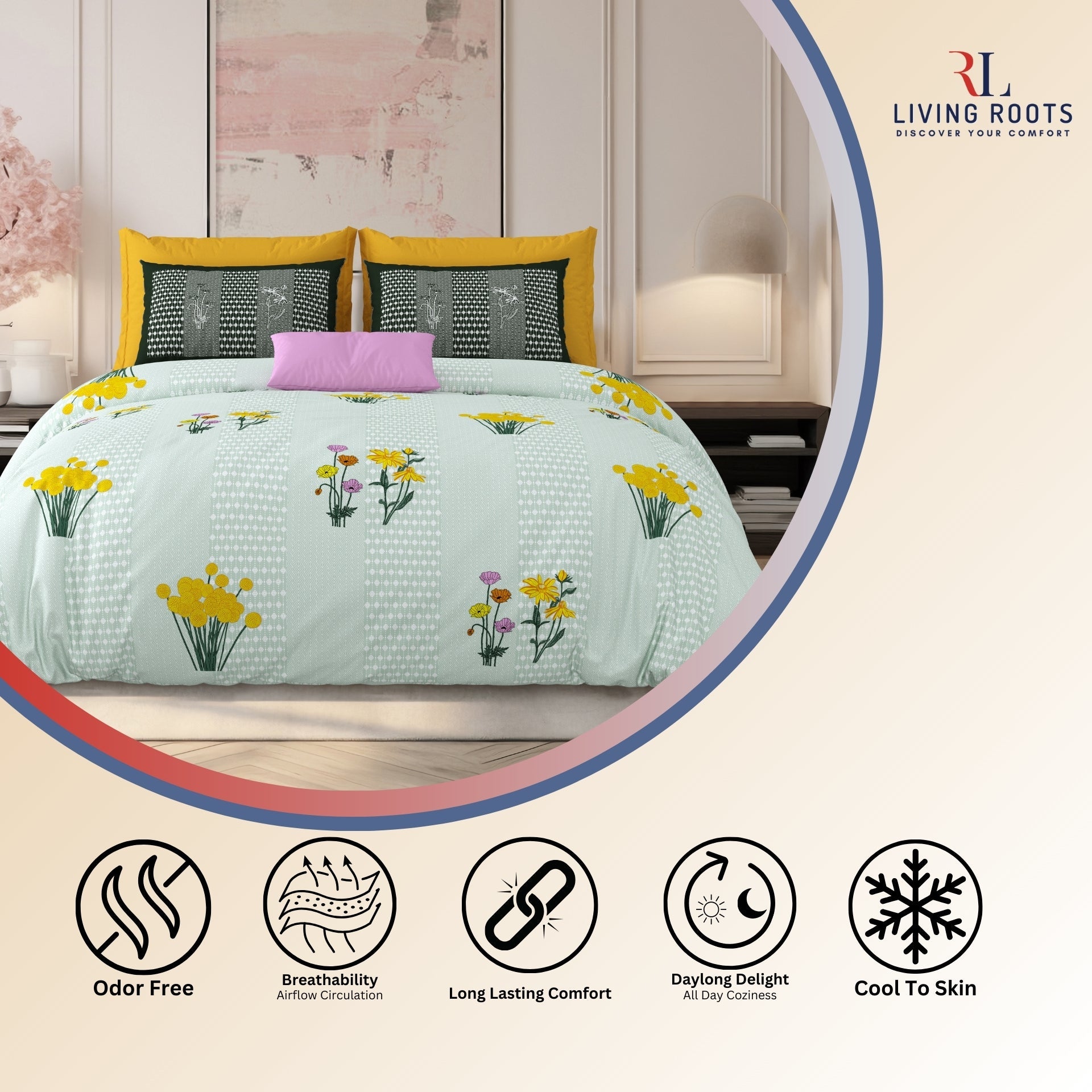 LIVING ROOTS Jaipuri Hand Block Print Super King Cotton Bedsheet 104*104 inches (8.6*8.6 feet) With 2 Pillow Cover | 240 TC | Rich Fast Colour With No Colour Bleeding | (522-E) (Green)