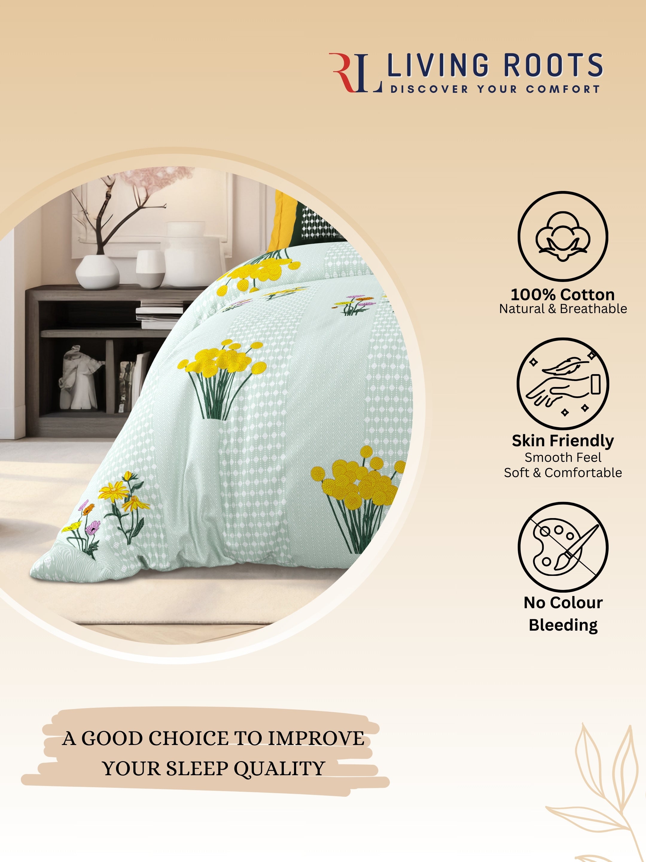 LIVING ROOTS Jaipuri Hand Block Print Super King Cotton Bedsheet 104*104 inches (8.6*8.6 feet) With 2 Pillow Cover | 240 TC | Rich Fast Colour With No Colour Bleeding | (522-E) (Green)