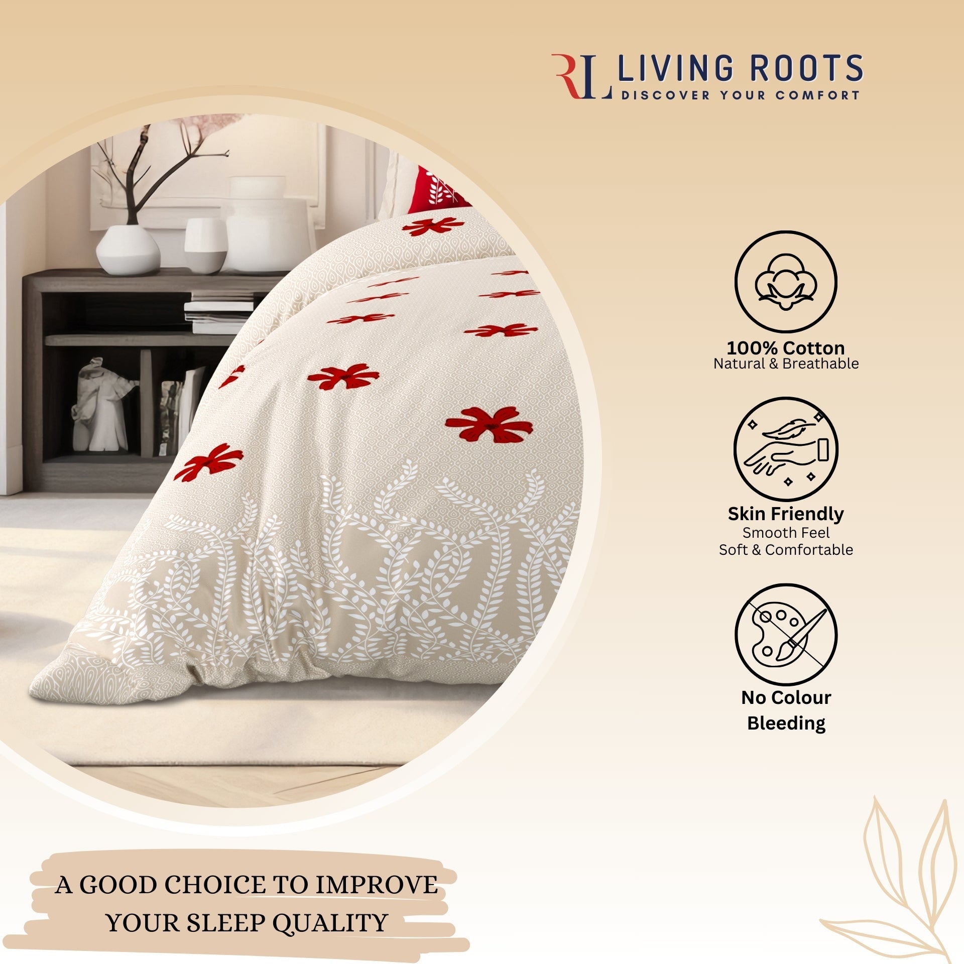 LIVING ROOTS Jaipuri Hand Block Print Super King Cotton Bedsheet 104*104 inches (8.6*8.6 feet) With 2 Pillow Cover | 240 TC | Rich Fast Colour With No Colour Bleeding | (523-A) (Brown)
