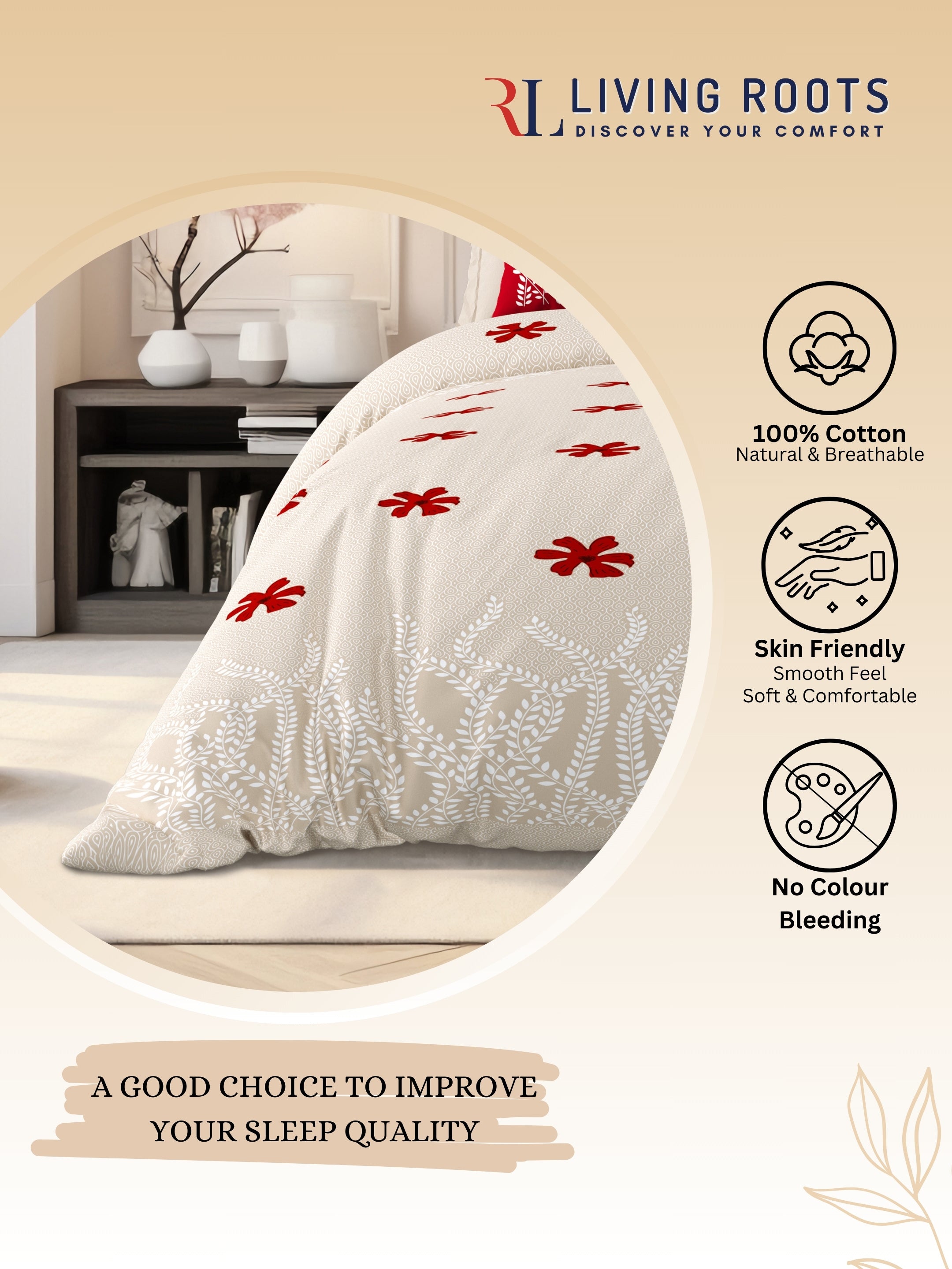 LIVING ROOTS Jaipuri Hand Block Print Super King Cotton Bedsheet 104*104 inches (8.6*8.6 feet) With 2 Pillow Cover | 240 TC | Rich Fast Colour With No Colour Bleeding | (523-A) (Brown)