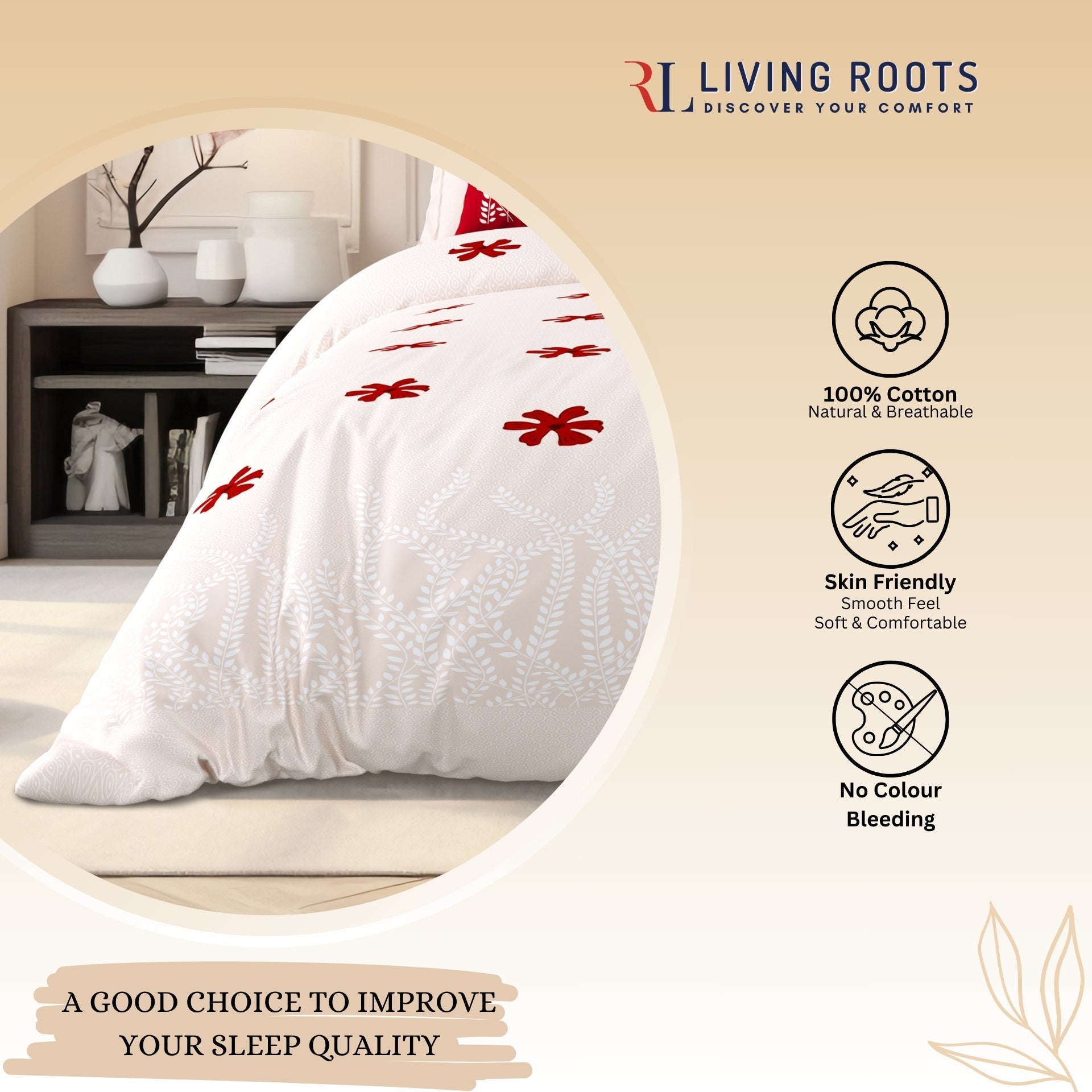 LIVING ROOTS Jaipuri Hand Block Print Super King Cotton Bedsheet 104*104 inches (8.6*8.6 feet) With 2 Pillow Cover | 240 TC | Rich Fast Colour With No Colour Bleeding | (523-B) (Pink)