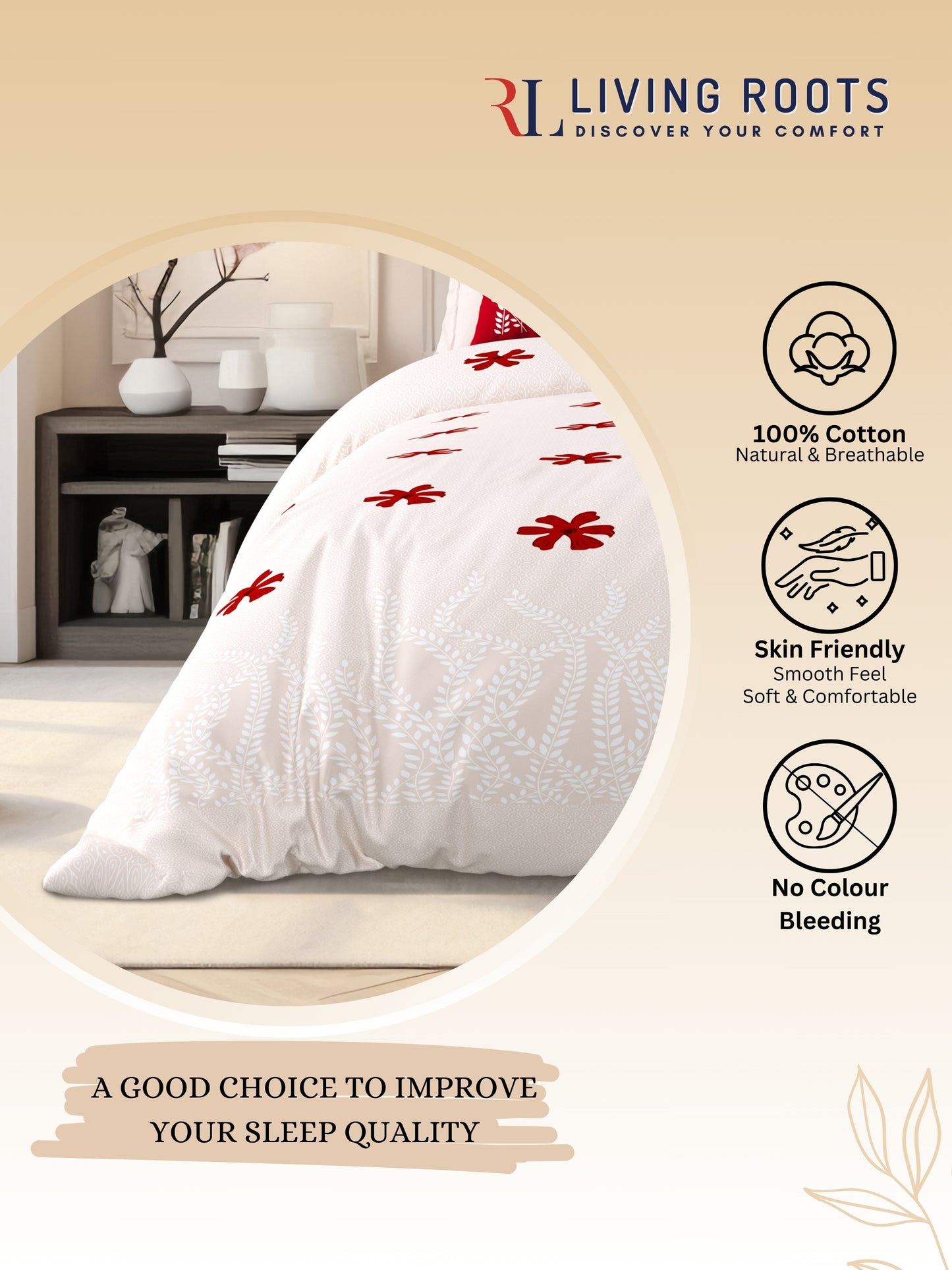 LIVING ROOTS Pure Cotton 1 Super King Size Bedsheet 104*104 inches (8.6*8.6 feet ) with 2 Pillow Cover | Rich Fast Colour with No Colour Bleeding | Soft & Skin Friendly (01-31-523-B)