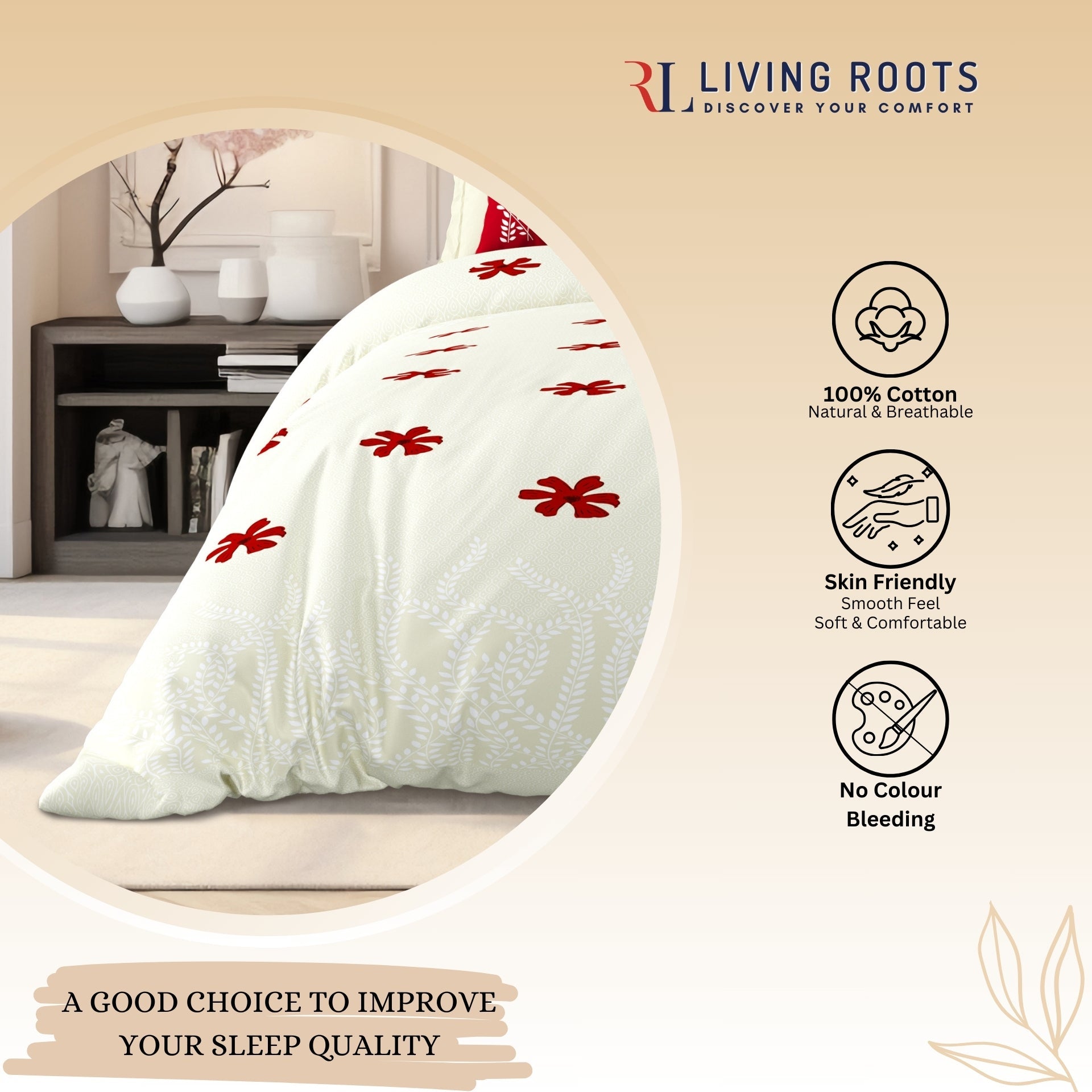 LIVING ROOTS Jaipuri Hand Block Print Super King Cotton Bedsheet 104*104 inches (8.6*8.6 feet) With 2 Pillow Cover | 240 TC | Rich Fast Colour With No Colour Bleeding | (523-C) (Cream)