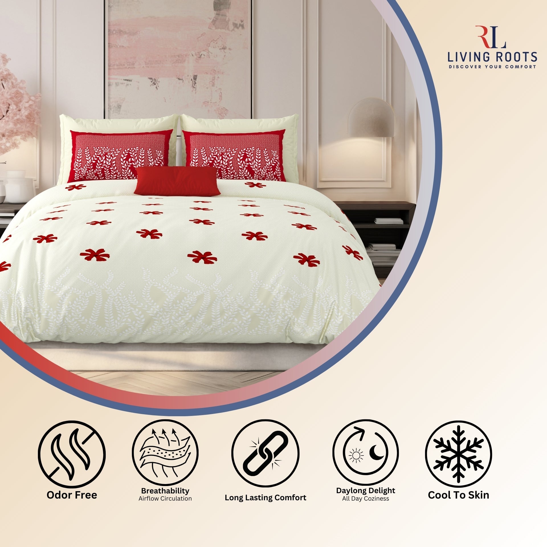 LIVING ROOTS Jaipuri Hand Block Print Super King Cotton Bedsheet 104*104 inches (8.6*8.6 feet) With 2 Pillow Cover | 240 TC | Rich Fast Colour With No Colour Bleeding | (523-C) (Cream)