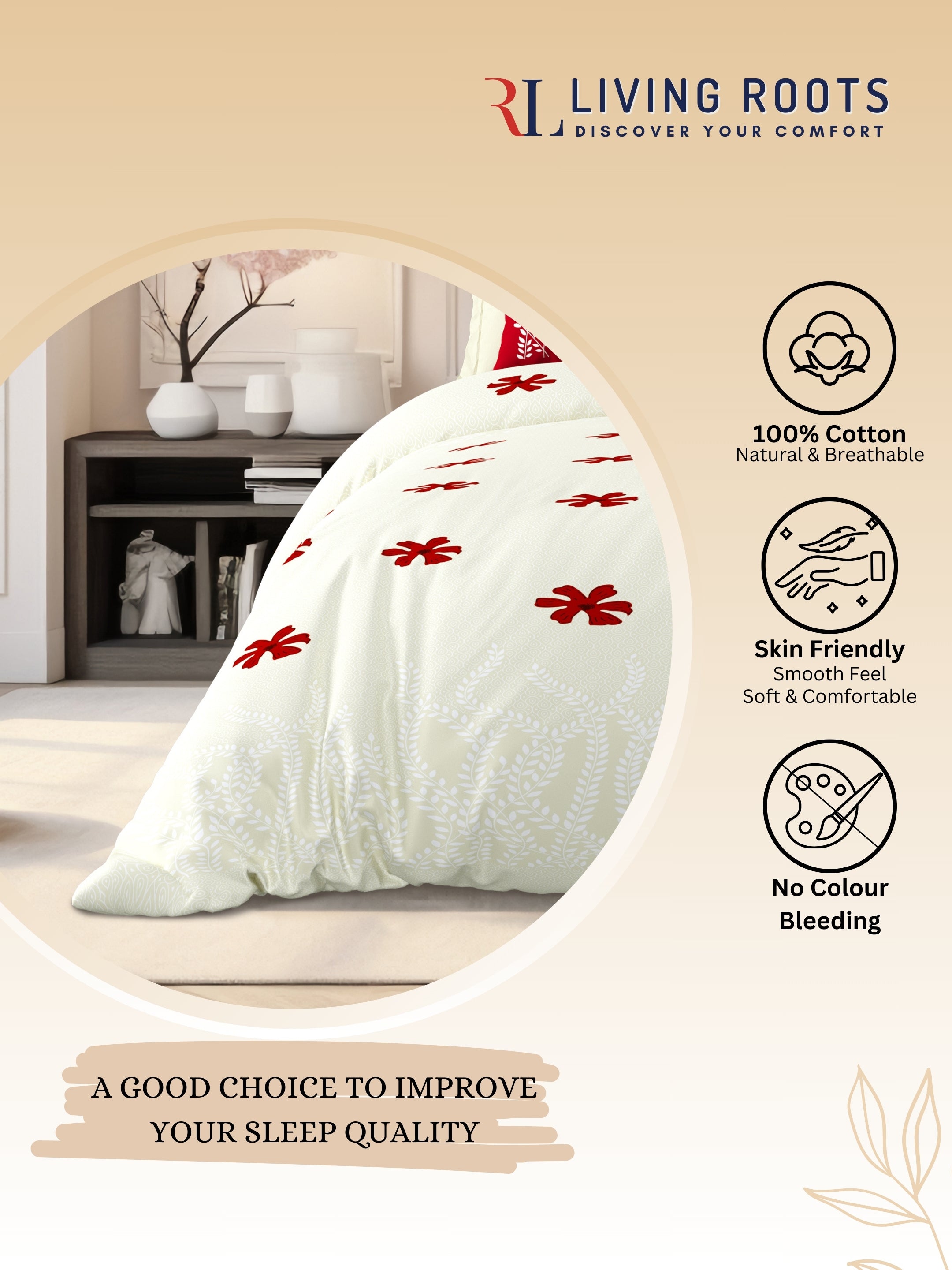 LIVING ROOTS Jaipuri Hand Block Print Super King Cotton Bedsheet 104*104 inches (8.6*8.6 feet) With 2 Pillow Cover | 240 TC | Rich Fast Colour With No Colour Bleeding | (523-C) (Cream)