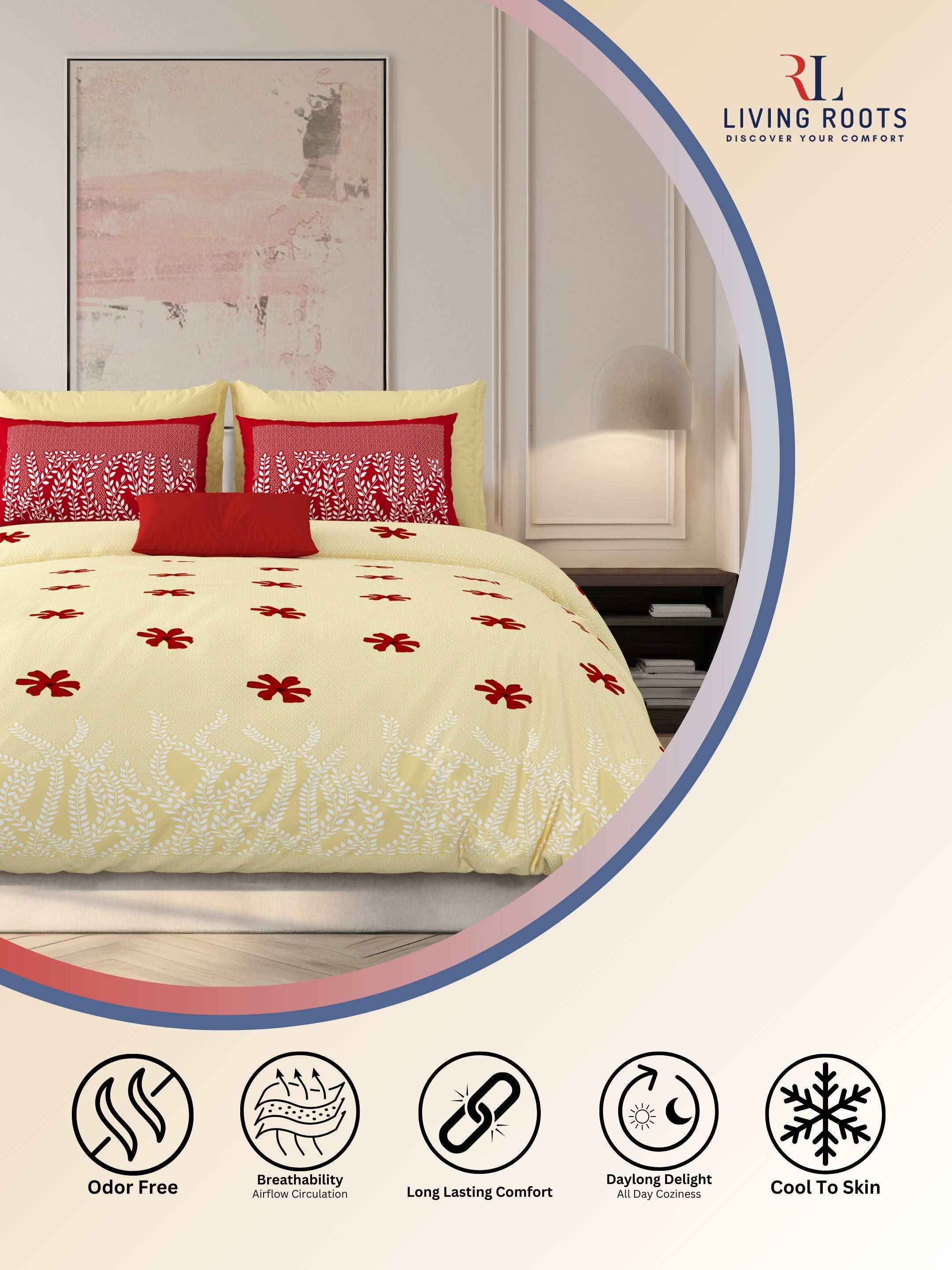 LIVING ROOTS Jaipuri Hand Block Print Super King Cotton Bedsheet 104*104 inches (8.6*8.6 feet) With 2 Pillow Cover | 240 TC | Rich Fast Colour With No Colour Bleeding | (523-D) (Yellow)