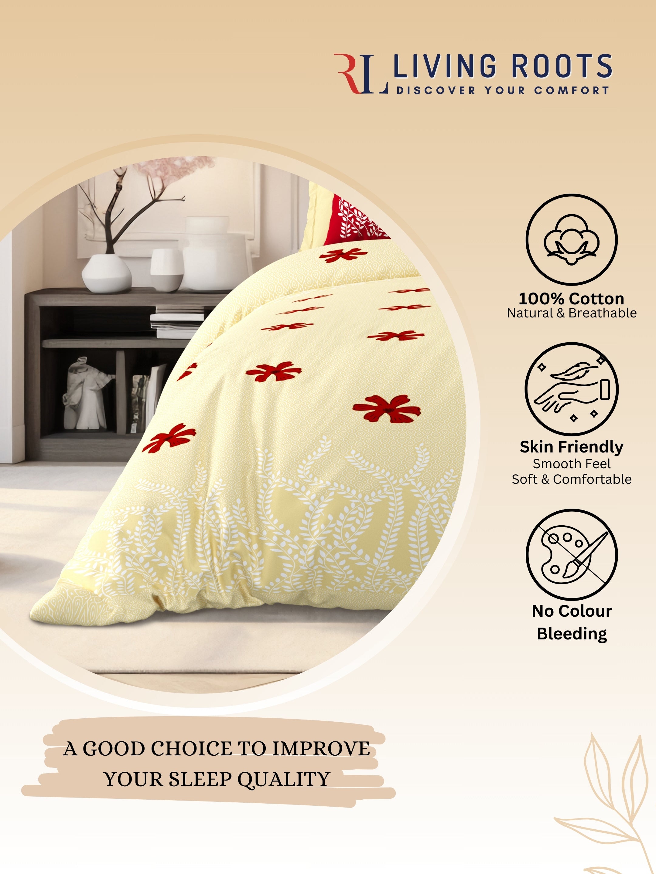 LIVING ROOTS Jaipuri Hand Block Print Super King Cotton Bedsheet 104*104 inches (8.6*8.6 feet) With 2 Pillow Cover | 240 TC | Rich Fast Colour With No Colour Bleeding | (523-D) (Yellow)