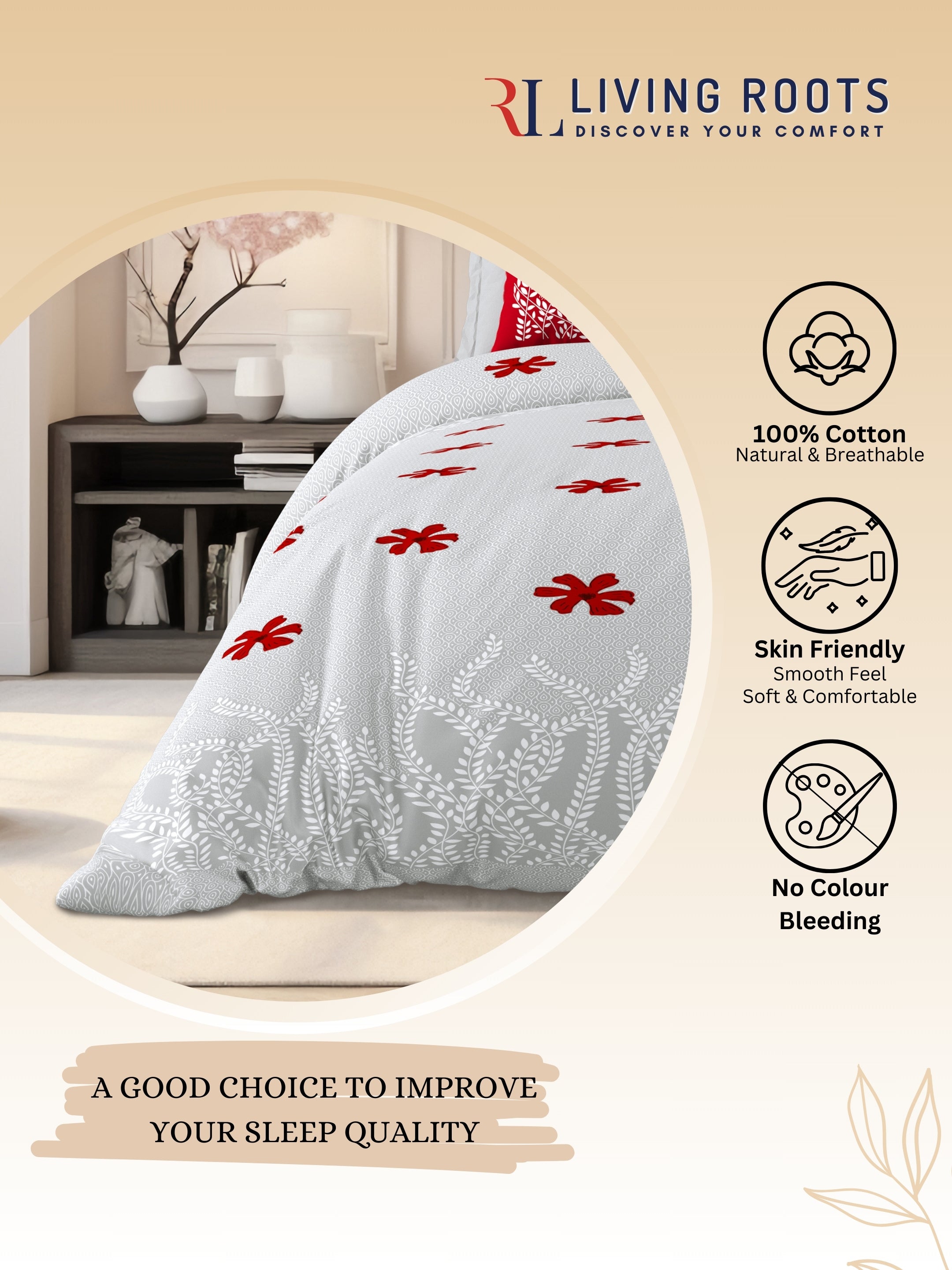 LIVING ROOTS Jaipuri Hand Block Print Super King Cotton Bedsheet 104*104 inches (8.6*8.6 feet) With 2 Pillow Cover | 240 TC | Rich Fast Colour With No Colour Bleeding | (523-E) (Grey)