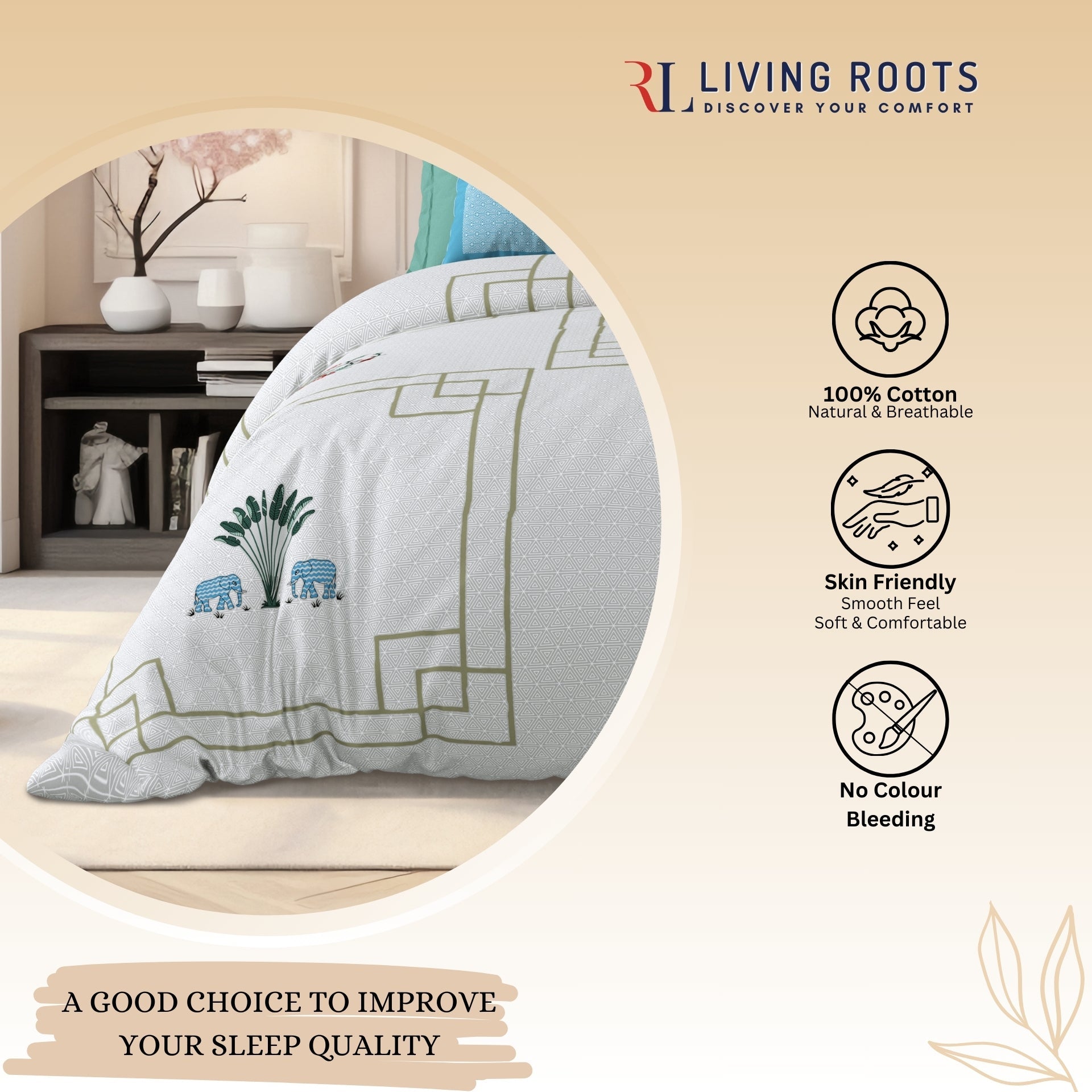 LIVING ROOTS Jaipuri Hand Block Print Super King Cotton Bedsheet 104*104 inches (8.6*8.6 feet) With 2 Pillow Cover | 240 TC | Rich Fast Colour With No Colour Bleeding | (524-A) (Purple)