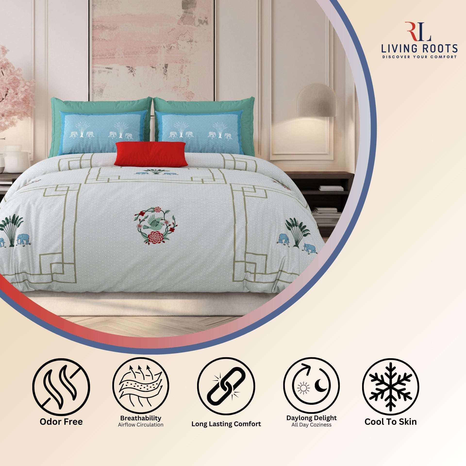 LIVING ROOTS Jaipuri Hand Block Print Super King Cotton Bedsheet 104*104 inches (8.6*8.6 feet) With 2 Pillow Cover | 240 TC | Rich Fast Colour With No Colour Bleeding | (524-A) (Purple)