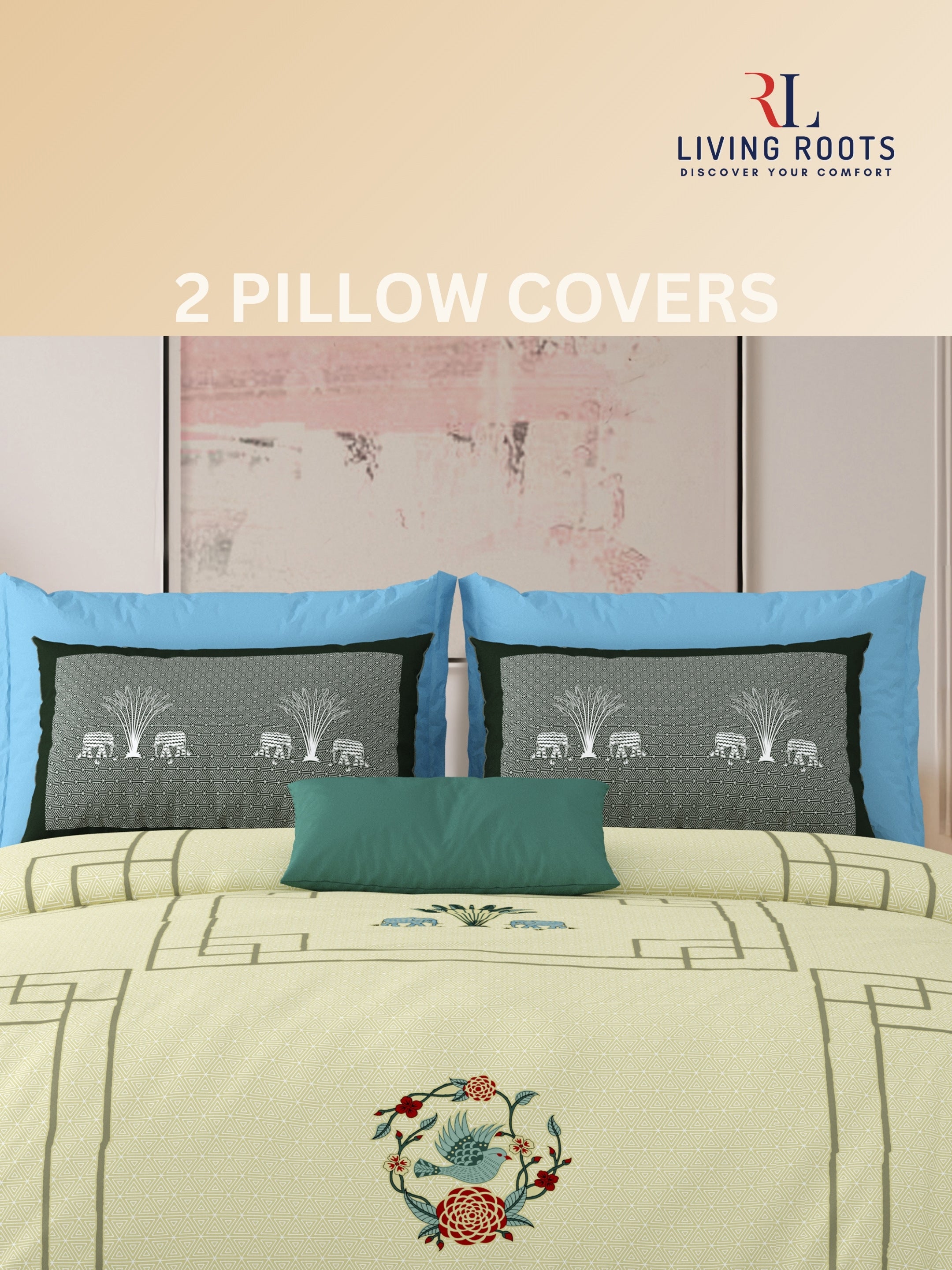 LIVING ROOTS Jaipuri Hand Block Print Super King Cotton Bedsheet 104*104 inches (8.6*8.6 feet) With 2 Pillow Cover | 240 TC | Rich Fast Colour With No Colour Bleeding | (524-B) (Yellow)