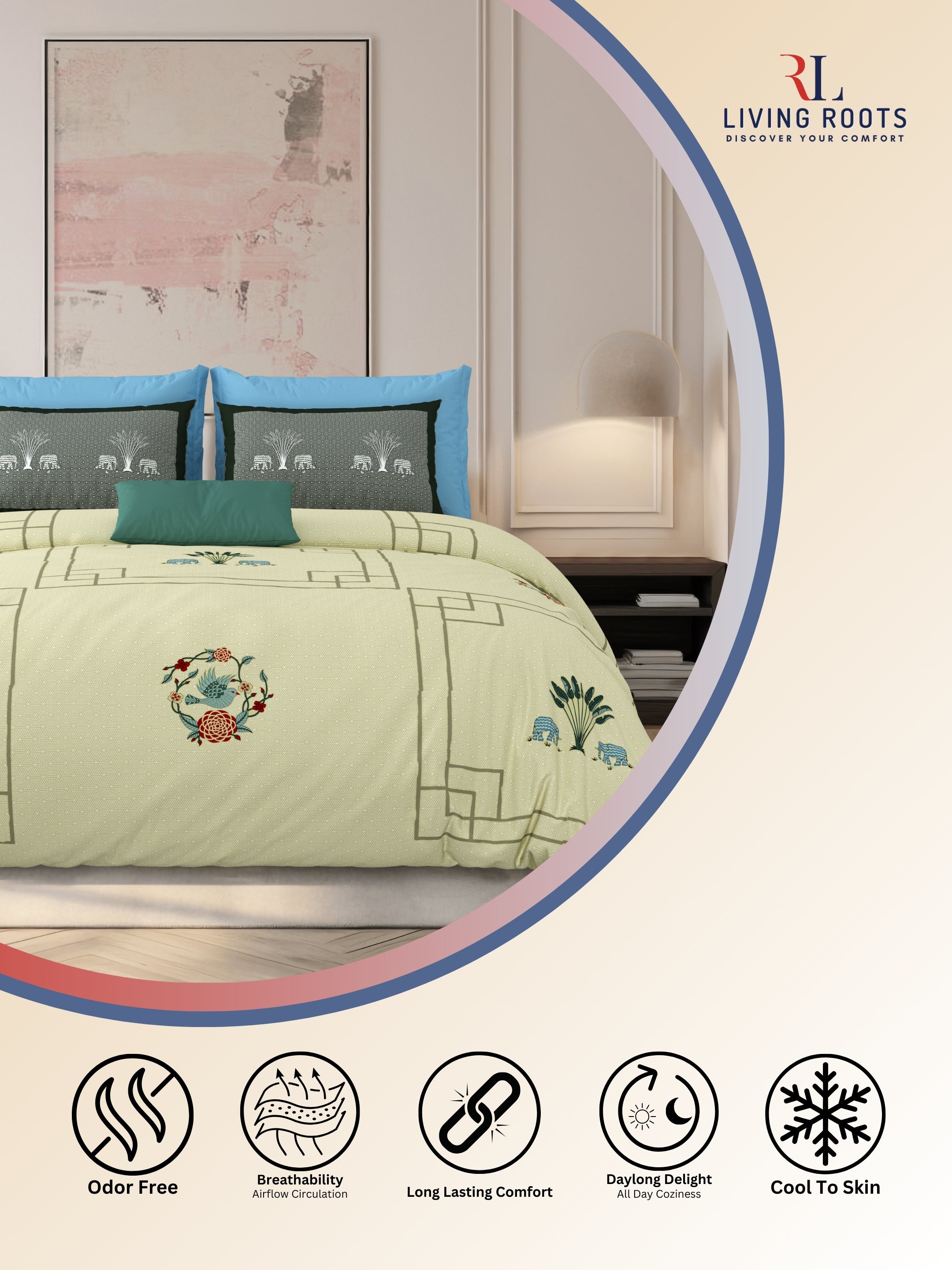 LIVING ROOTS Jaipuri Hand Block Print Super King Cotton Bedsheet 104*104 inches (8.6*8.6 feet) With 2 Pillow Cover | 240 TC | Rich Fast Colour With No Colour Bleeding | (524-B) (Yellow)