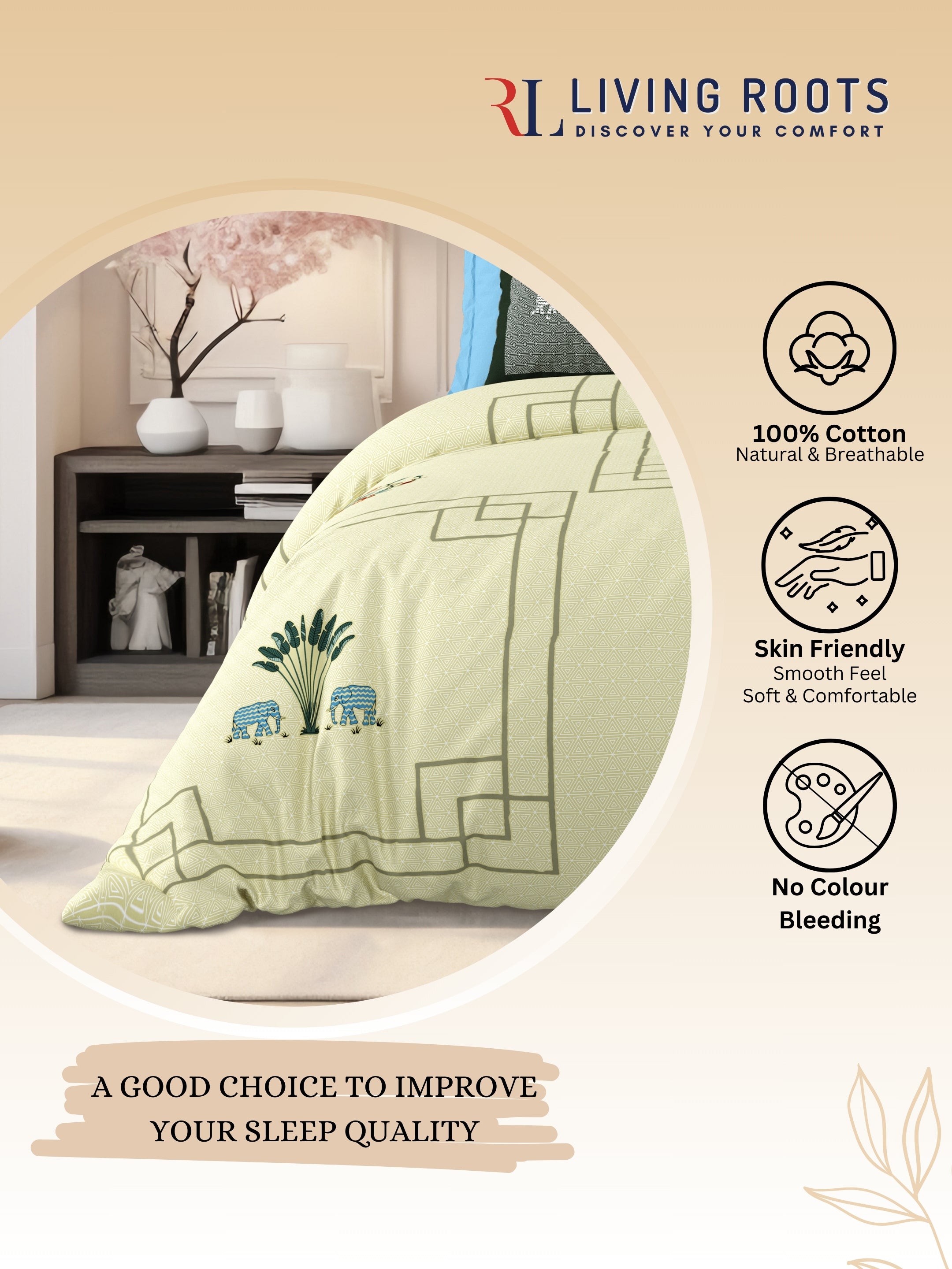 LIVING ROOTS Jaipuri Hand Block Print Super King Cotton Bedsheet 104*104 inches (8.6*8.6 feet) With 2 Pillow Cover | 240 TC | Rich Fast Colour With No Colour Bleeding | (524-B) (Yellow)