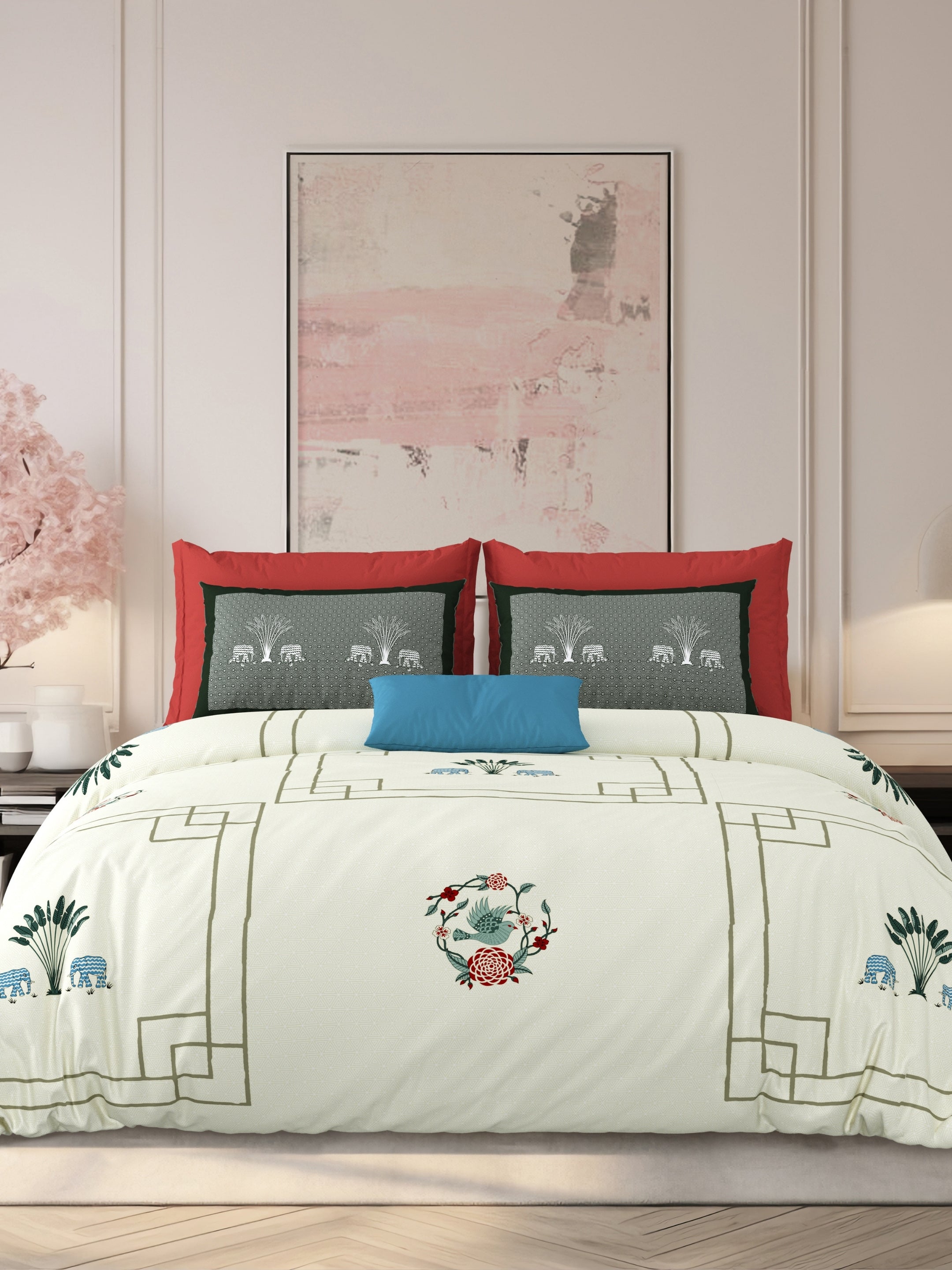 LIVING ROOTS Jaipuri Hand Block Print Super King Cotton Bedsheet 104*104 inches (8.6*8.6 feet) With 2 Pillow Cover | 240 TC | Rich Fast Colour With No Colour Bleeding | (524-C) (Cream)
