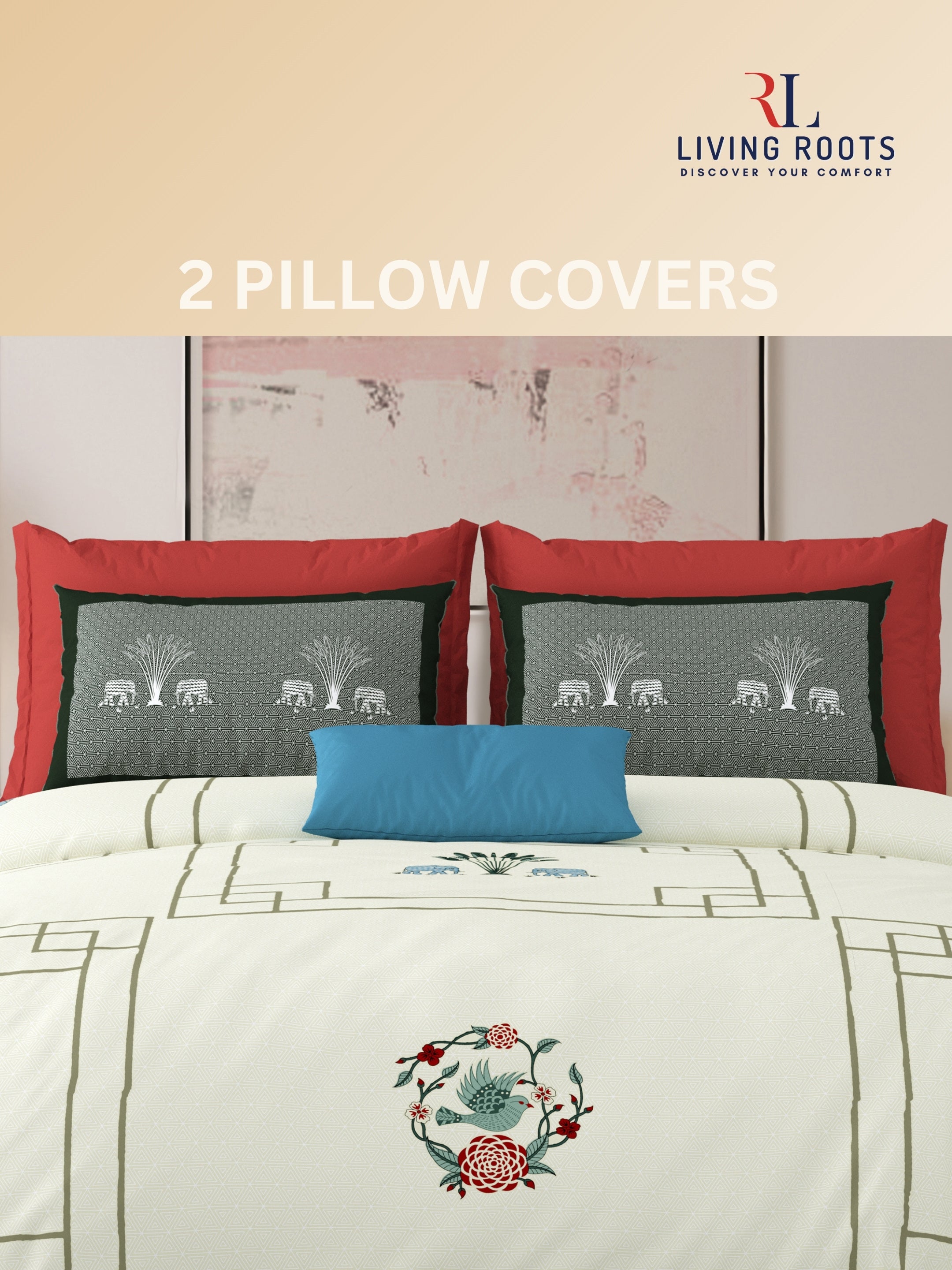 LIVING ROOTS Jaipuri Hand Block Print Super King Cotton Bedsheet 104*104 inches (8.6*8.6 feet) With 2 Pillow Cover | 240 TC | Rich Fast Colour With No Colour Bleeding | (524-C) (Cream)