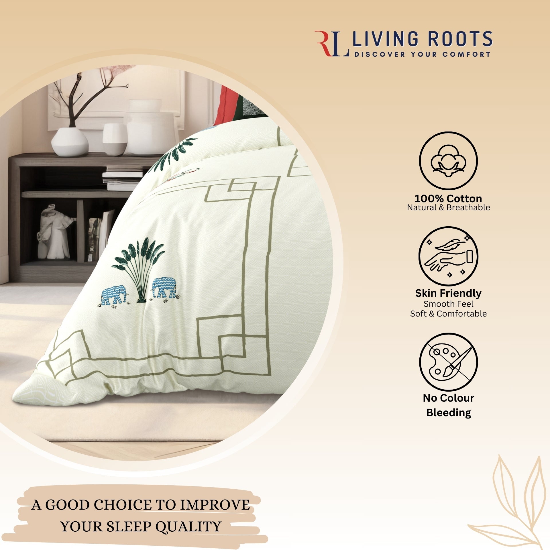 LIVING ROOTS Jaipuri Hand Block Print Super King Cotton Bedsheet 104*104 inches (8.6*8.6 feet) With 2 Pillow Cover | 240 TC | Rich Fast Colour With No Colour Bleeding | (524-C) (Cream)