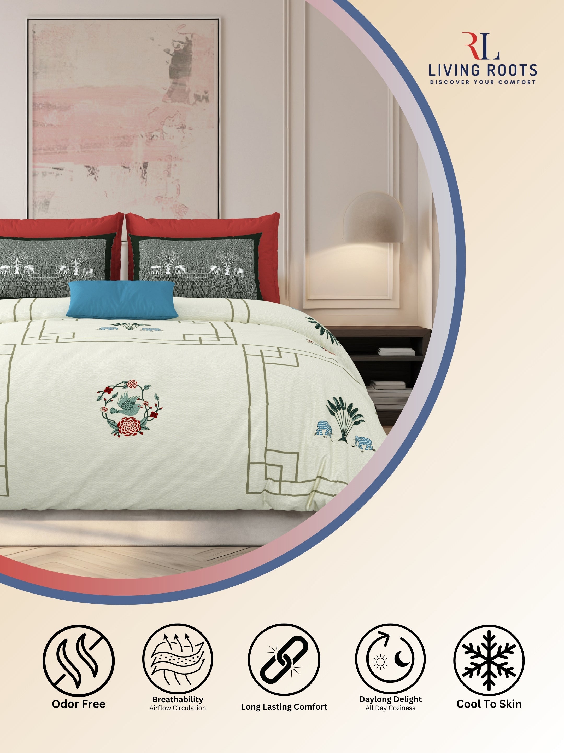 LIVING ROOTS Jaipuri Hand Block Print Super King Cotton Bedsheet 104*104 inches (8.6*8.6 feet) With 2 Pillow Cover | 240 TC | Rich Fast Colour With No Colour Bleeding | (524-C) (Cream)