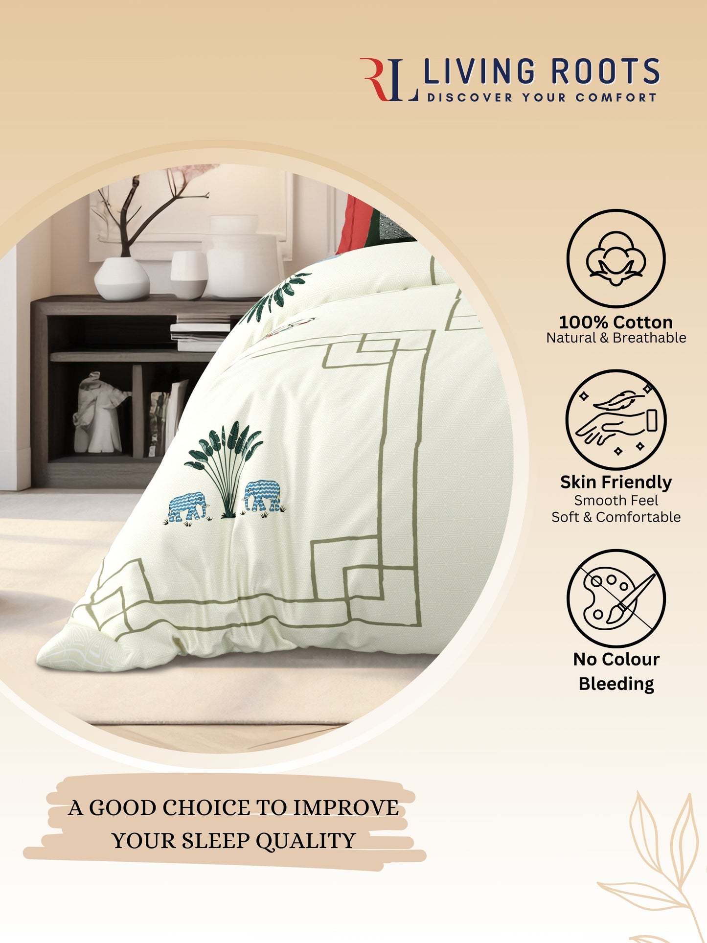 LIVING ROOTS Pure Cotton 1 Super King Size Bedsheet 104*104 inches (8.6*8.6 feet ) with 2 Pillow Cover | Rich Fast Colour with No Colour Bleeding | Soft & Skin Friendly (01-31-524-C)