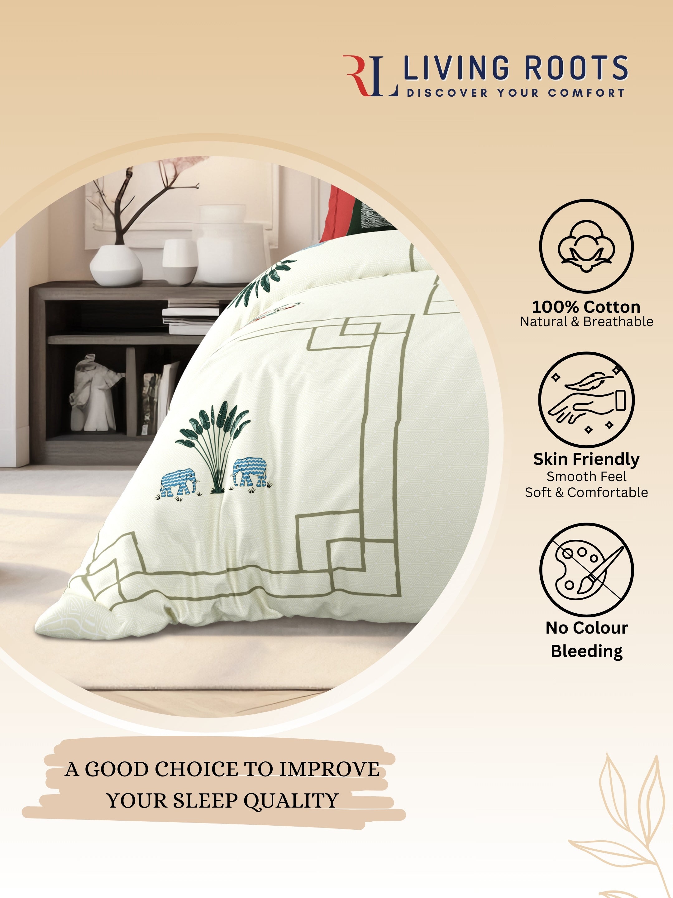 LIVING ROOTS Jaipuri Hand Block Print Super King Cotton Bedsheet 104*104 inches (8.6*8.6 feet) With 2 Pillow Cover | 240 TC | Rich Fast Colour With No Colour Bleeding | (524-C) (Cream)