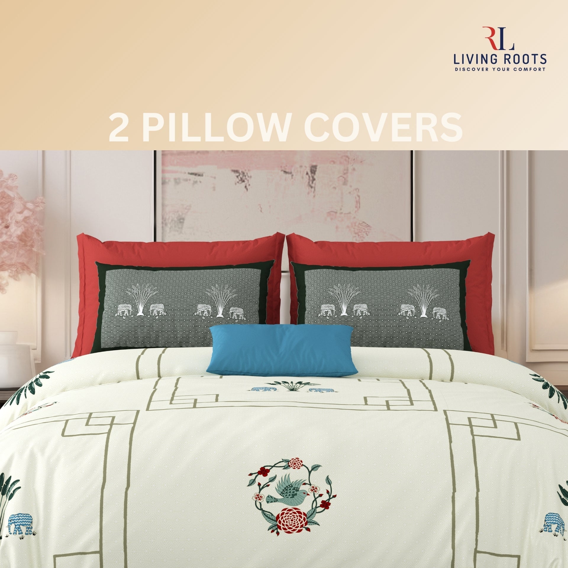 LIVING ROOTS Jaipuri Hand Block Print Super King Cotton Bedsheet 104*104 inches (8.6*8.6 feet) With 2 Pillow Cover | 240 TC | Rich Fast Colour With No Colour Bleeding | (524-C) (Cream)