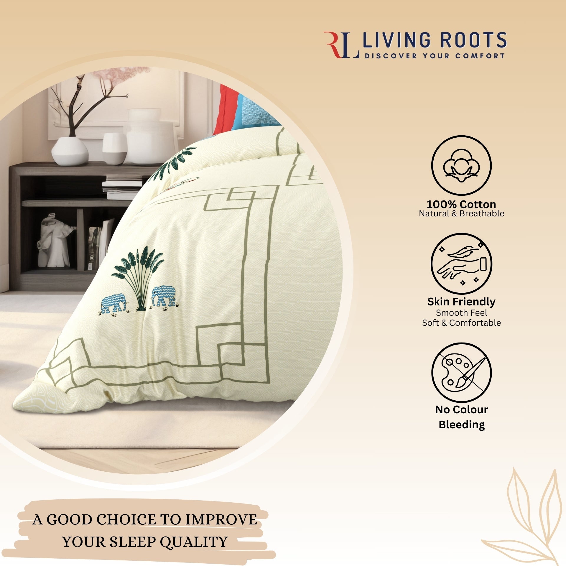 LIVING ROOTS Jaipuri Hand Block Print Super King Cotton Bedsheet 104*104 inches (8.6*8.6 feet) With 2 Pillow Cover | 240 TC | Rich Fast Colour With No Colour Bleeding | (524-D) (Yellow)