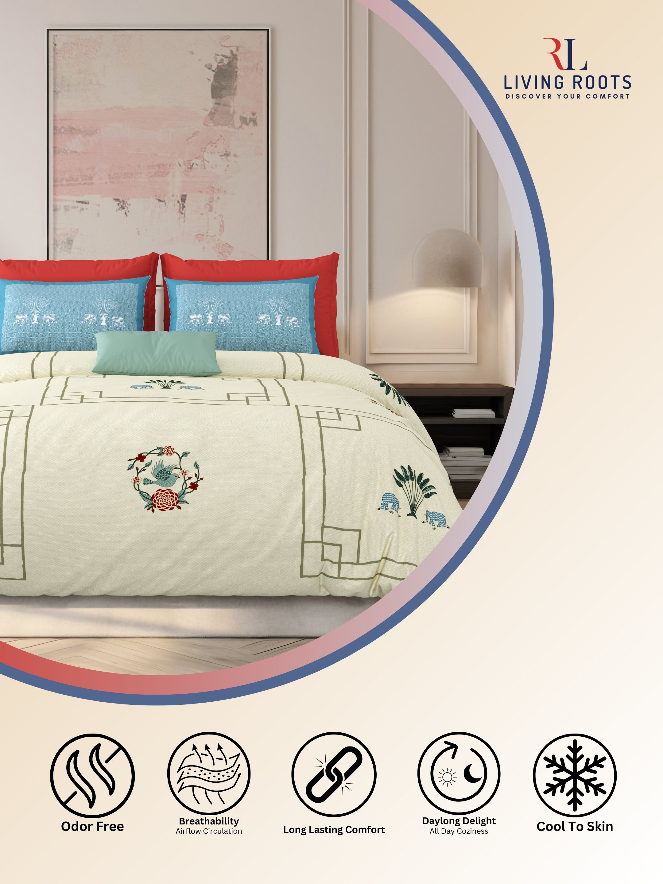 LIVING ROOTS Jaipuri Hand Block Print Super King Cotton Bedsheet 104*104 inches (8.6*8.6 feet) With 2 Pillow Cover | 240 TC | Rich Fast Colour With No Colour Bleeding | (524-D) (Yellow)
