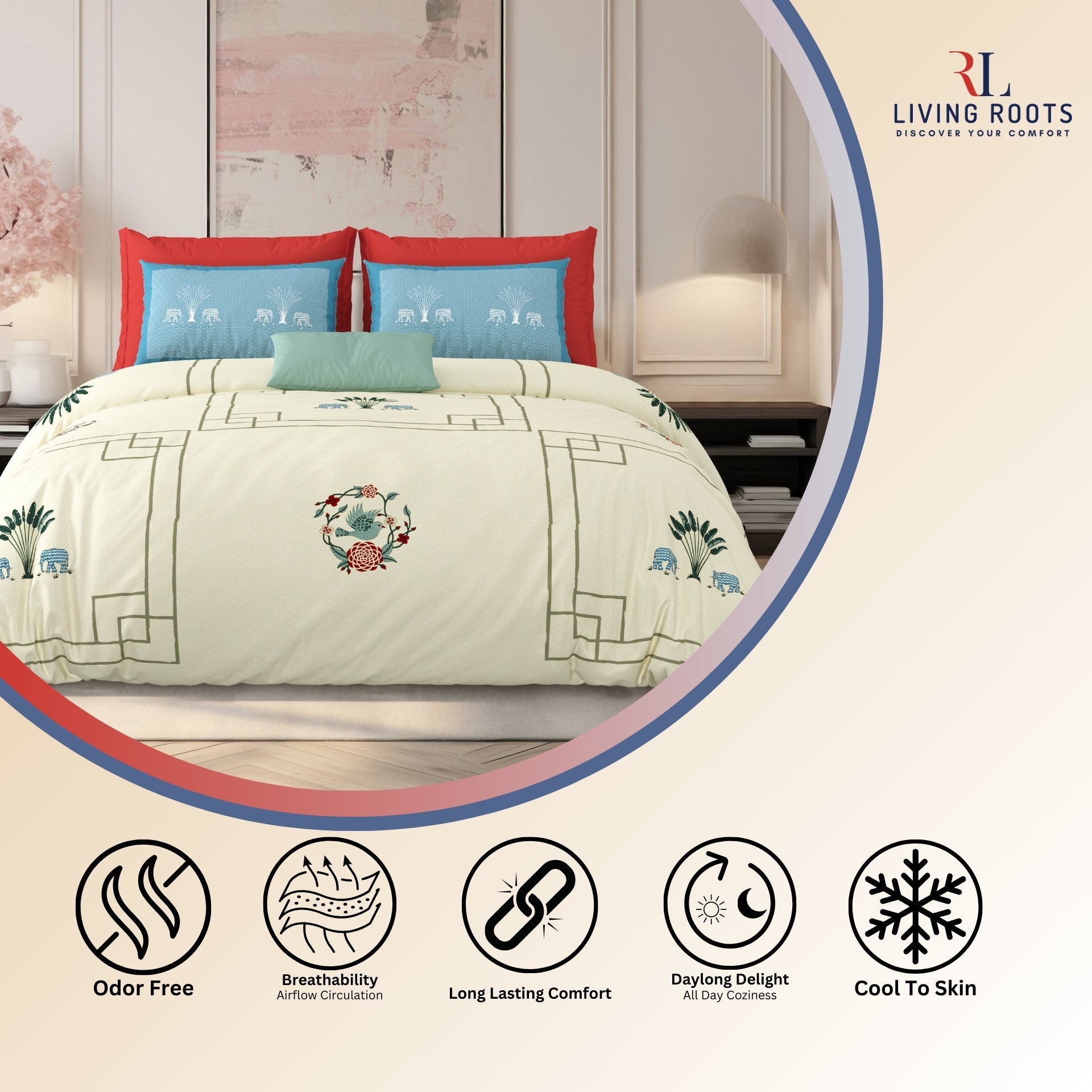 LIVING ROOTS Jaipuri Hand Block Print Super King Cotton Bedsheet 104*104 inches (8.6*8.6 feet) With 2 Pillow Cover | 240 TC | Rich Fast Colour With No Colour Bleeding | (524-D) (Yellow)