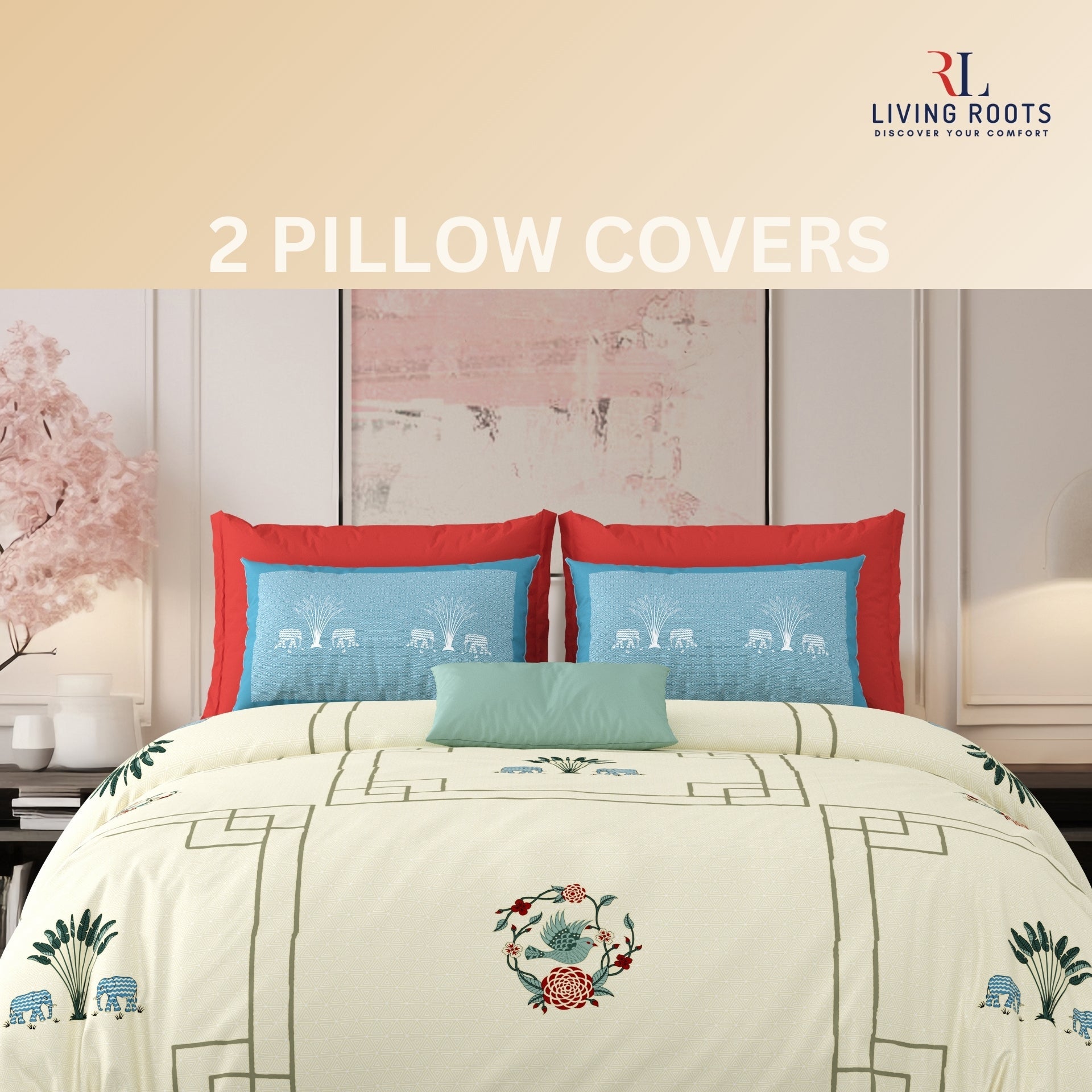 LIVING ROOTS Jaipuri Hand Block Print Super King Cotton Bedsheet 104*104 inches (8.6*8.6 feet) With 2 Pillow Cover | 240 TC | Rich Fast Colour With No Colour Bleeding | (524-D) (Yellow)