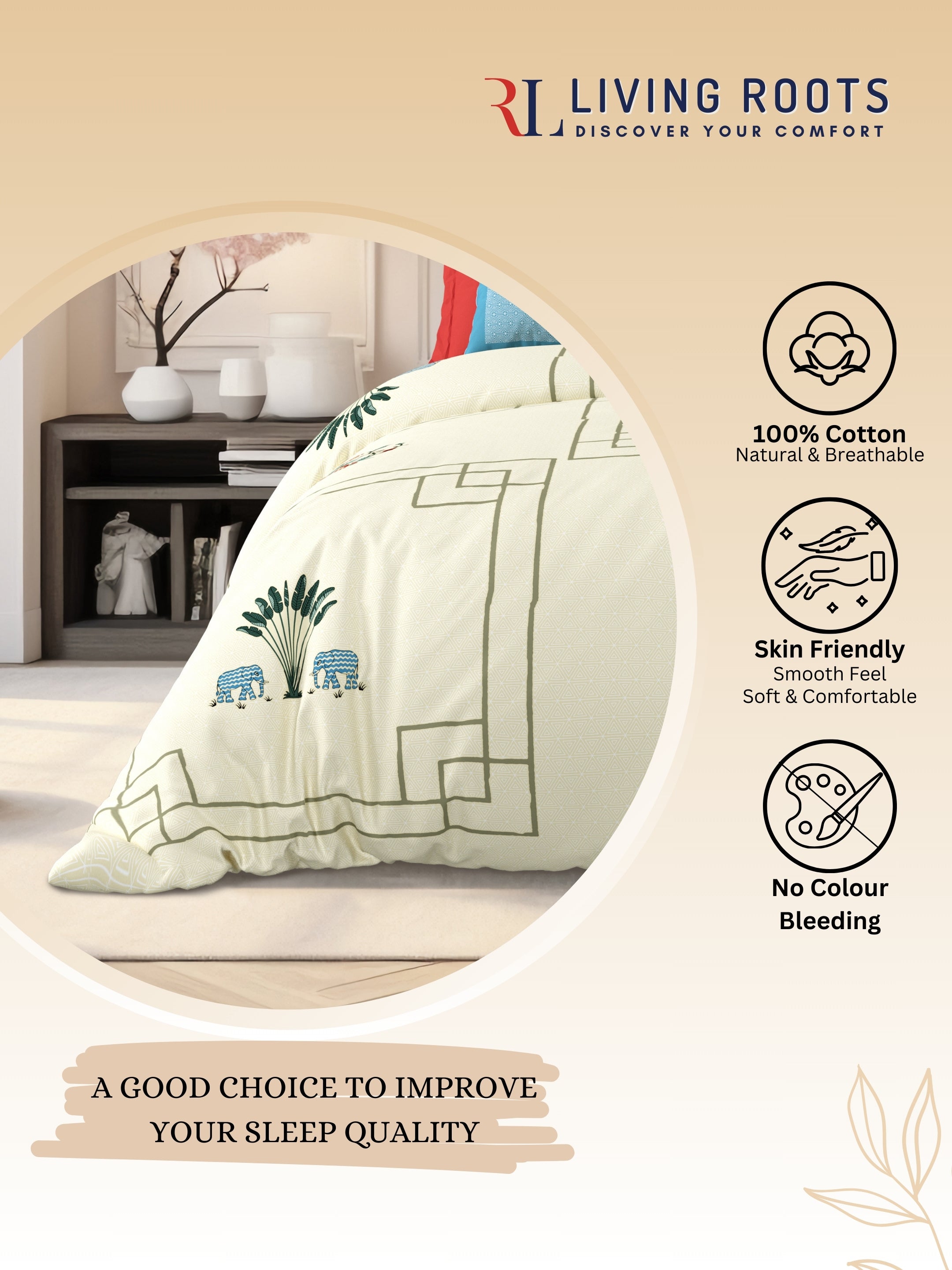LIVING ROOTS Jaipuri Hand Block Print Super King Cotton Bedsheet 104*104 inches (8.6*8.6 feet) With 2 Pillow Cover | 240 TC | Rich Fast Colour With No Colour Bleeding | (524-D) (Yellow)