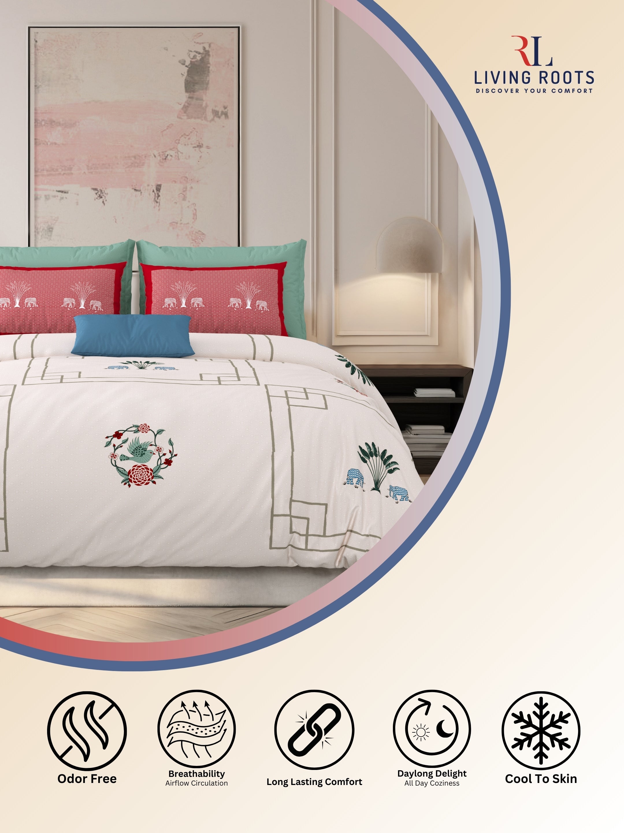 LIVING ROOTS Jaipuri Hand Block Print Super King Cotton Bedsheet 104*104 inches (8.6*8.6 feet) With 2 Pillow Cover | 240 TC | Rich Fast Colour With No Colour Bleeding | (524-E) (Pink)