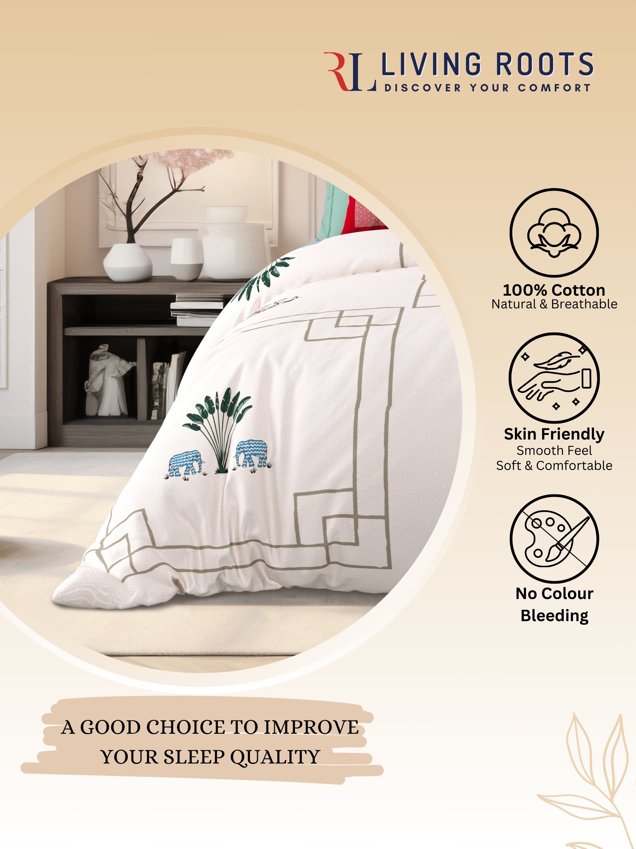 LIVING ROOTS Jaipuri Hand Block Print Super King Cotton Bedsheet 104*104 inches (8.6*8.6 feet) With 2 Pillow Cover | 240 TC | Rich Fast Colour With No Colour Bleeding | (524-E) (Pink)