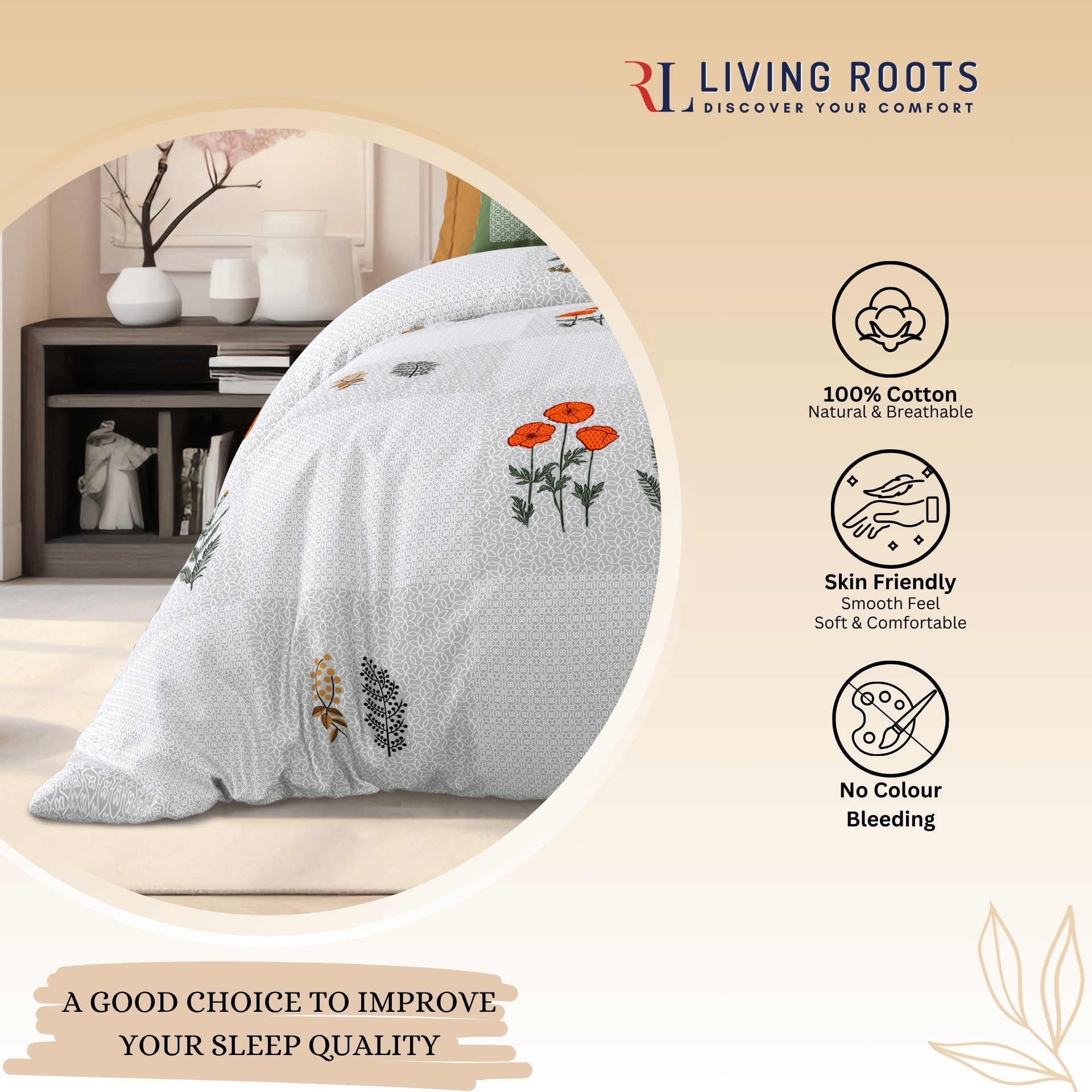 LIVING ROOTS Jaipuri Hand Block Print Super King Cotton Bedsheet 104*104 inches (8.6*8.6 feet) With 2 Pillow Cover | 240 TC | Rich Fast Colour With No Colour Bleeding | (525-A) (Purple)