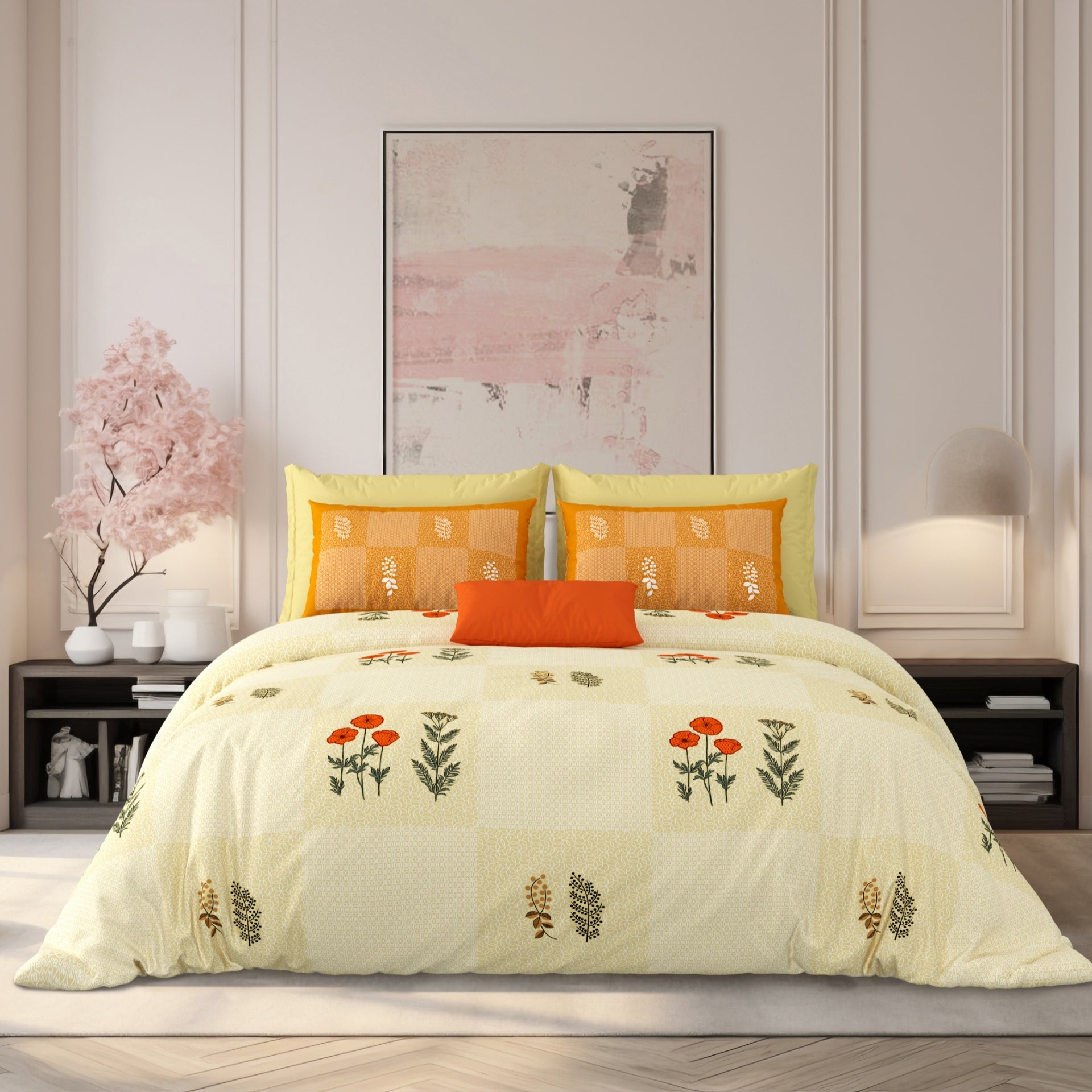 LIVING ROOTS Jaipuri Hand Block Print Super King Cotton Bedsheet 104*104 inches (8.6*8.6 feet) With 2 Pillow Cover | 240 TC | Rich Fast Colour With No Colour Bleeding | (525-B) (Yellow)