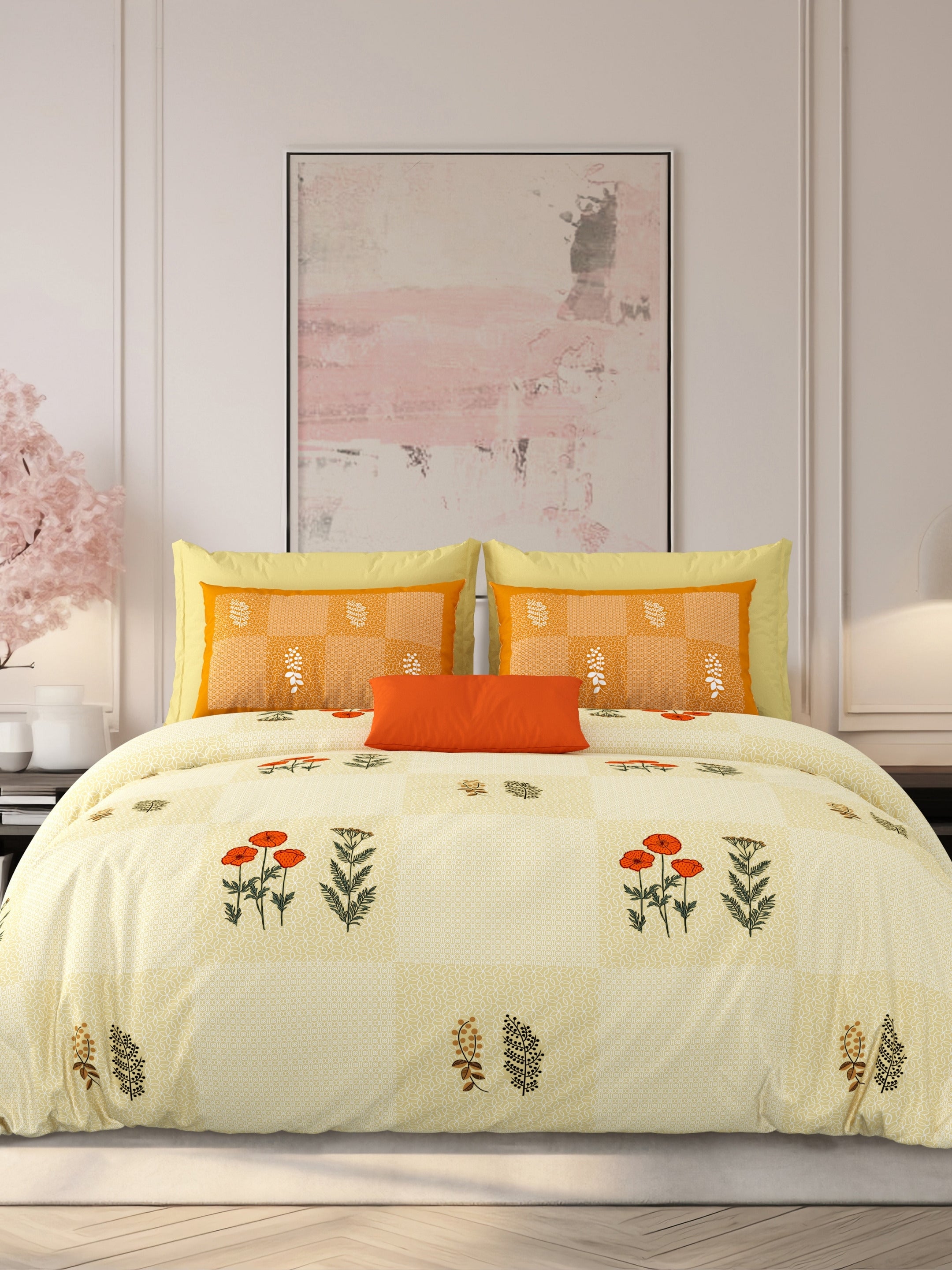 LIVING ROOTS Jaipuri Hand Block Print Super King Cotton Bedsheet 104*104 inches (8.6*8.6 feet) With 2 Pillow Cover | 240 TC | Rich Fast Colour With No Colour Bleeding | (525-B) (Yellow)