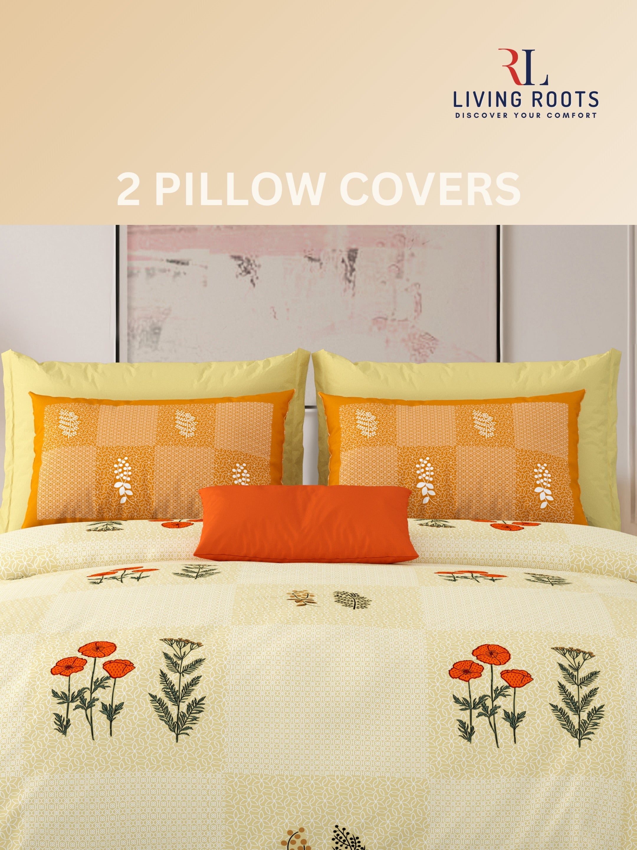 LIVING ROOTS Jaipuri Hand Block Print Super King Cotton Bedsheet 104*104 inches (8.6*8.6 feet) With 2 Pillow Cover | 240 TC | Rich Fast Colour With No Colour Bleeding | (525-B) (Yellow)