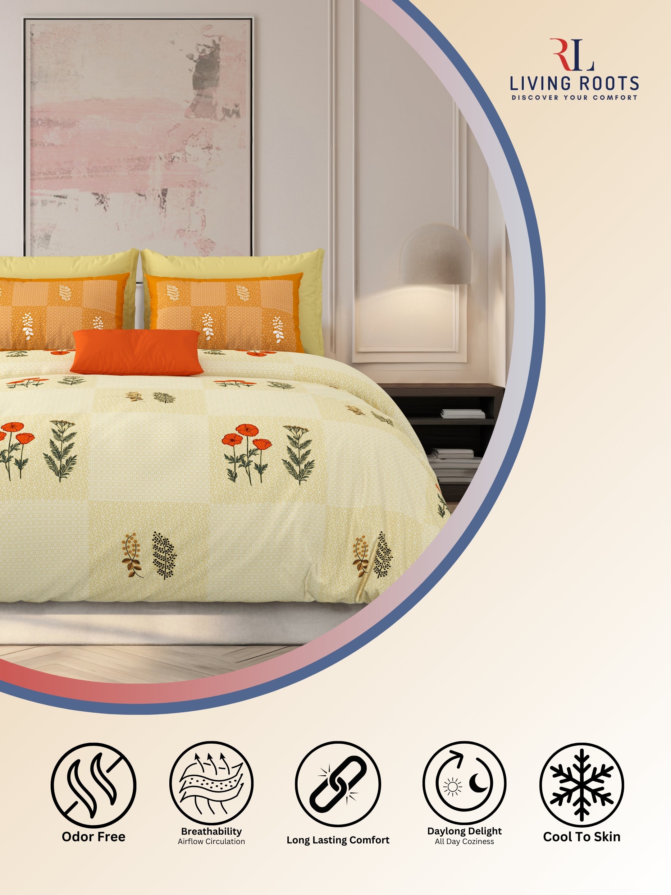 LIVING ROOTS Jaipuri Hand Block Print Super King Cotton Bedsheet 104*104 inches (8.6*8.6 feet) With 2 Pillow Cover | 240 TC | Rich Fast Colour With No Colour Bleeding | (525-B) (Yellow)