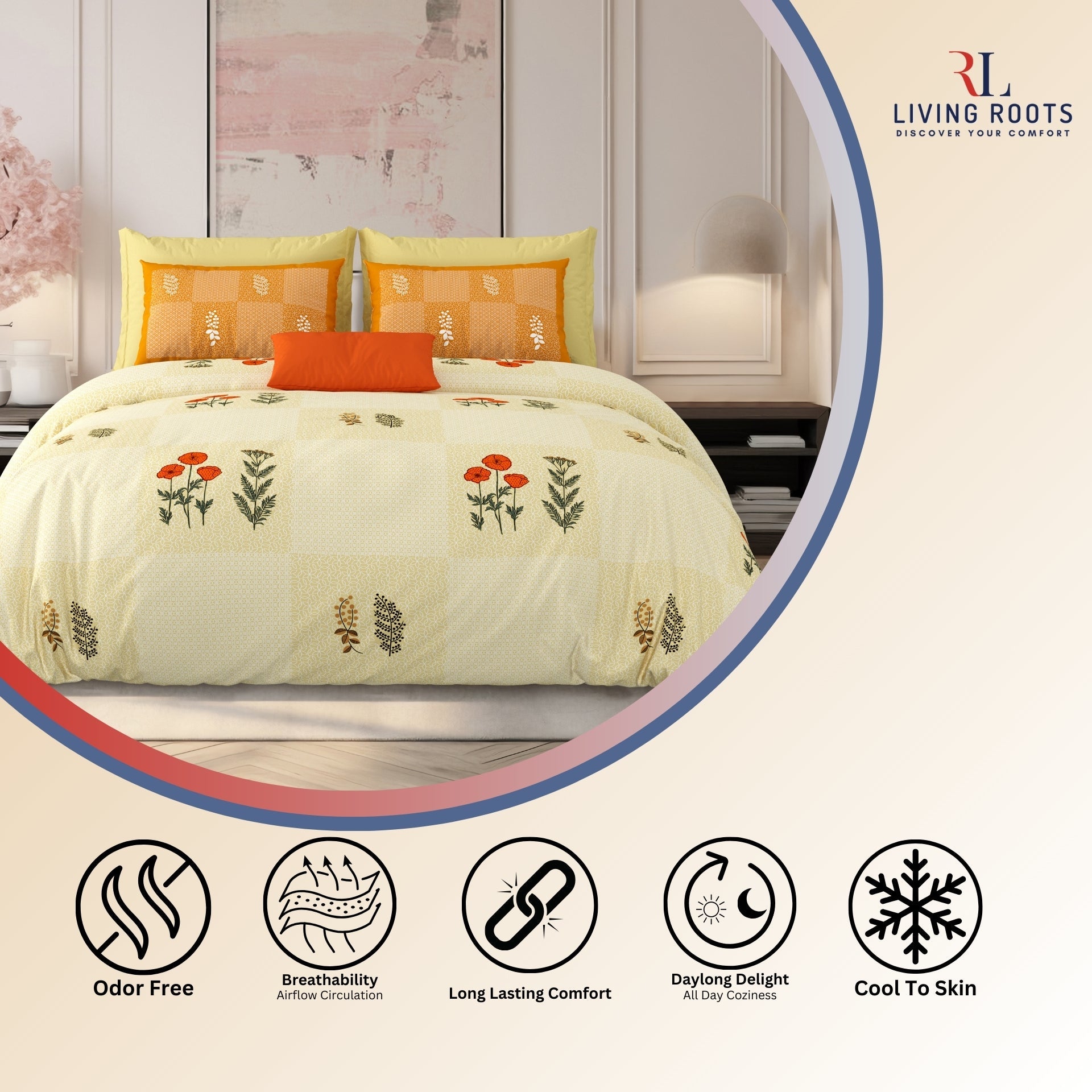 LIVING ROOTS Jaipuri Hand Block Print Super King Cotton Bedsheet 104*104 inches (8.6*8.6 feet) With 2 Pillow Cover | 240 TC | Rich Fast Colour With No Colour Bleeding | (525-B) (Yellow)