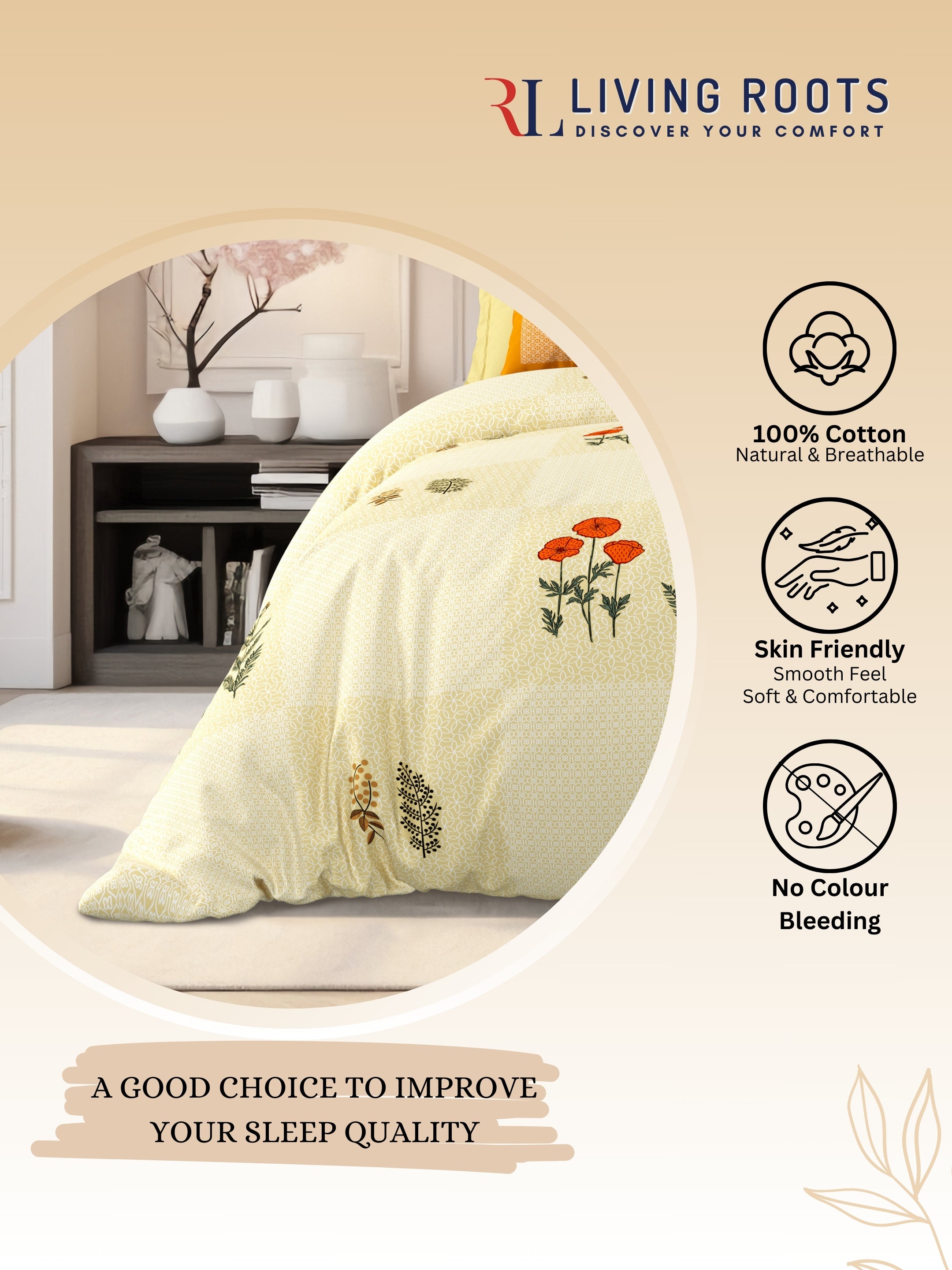LIVING ROOTS Jaipuri Hand Block Print Super King Cotton Bedsheet 104*104 inches (8.6*8.6 feet) With 2 Pillow Cover | 240 TC | Rich Fast Colour With No Colour Bleeding | (525-B) (Yellow)