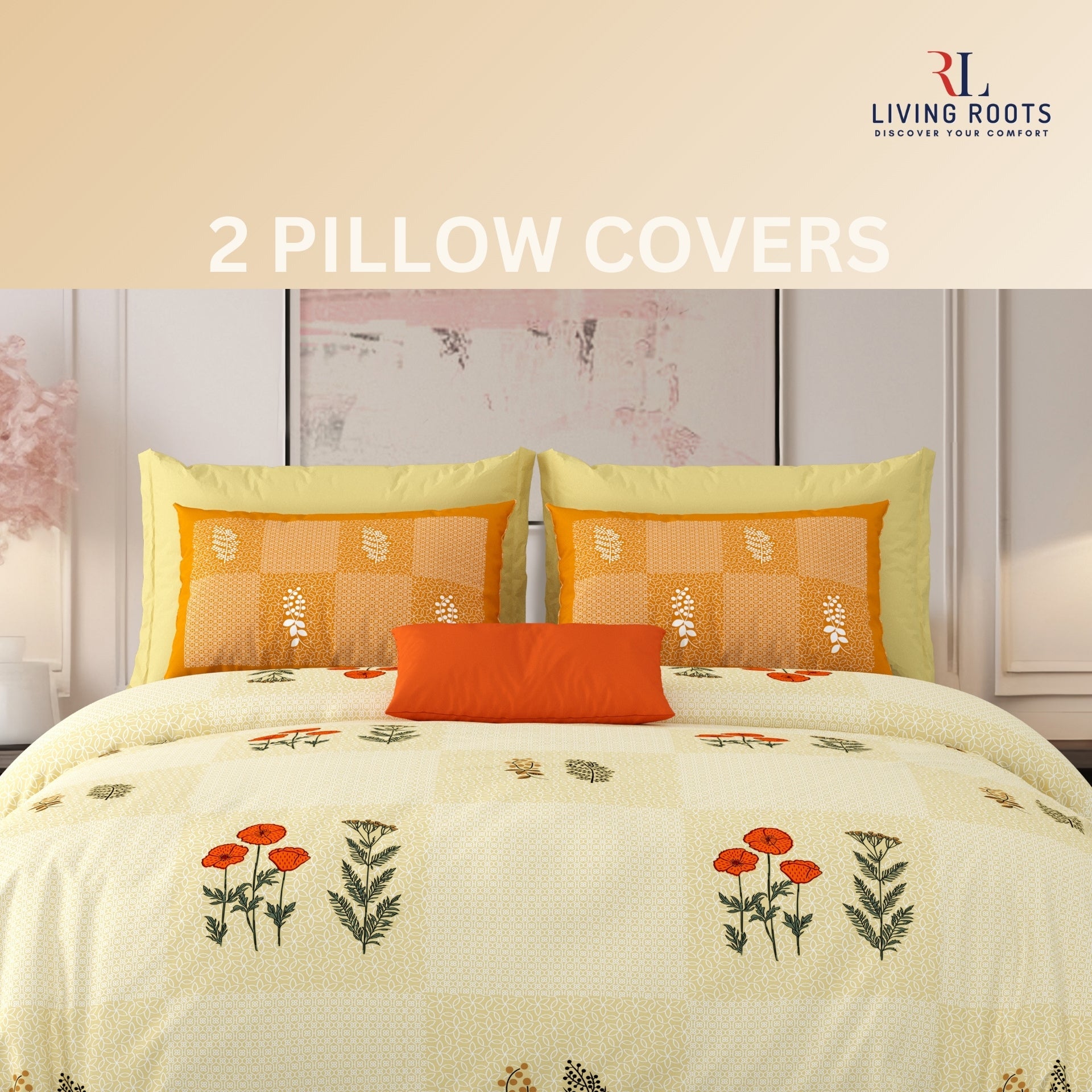 LIVING ROOTS Jaipuri Hand Block Print Super King Cotton Bedsheet 104*104 inches (8.6*8.6 feet) With 2 Pillow Cover | 240 TC | Rich Fast Colour With No Colour Bleeding | (525-B) (Yellow)