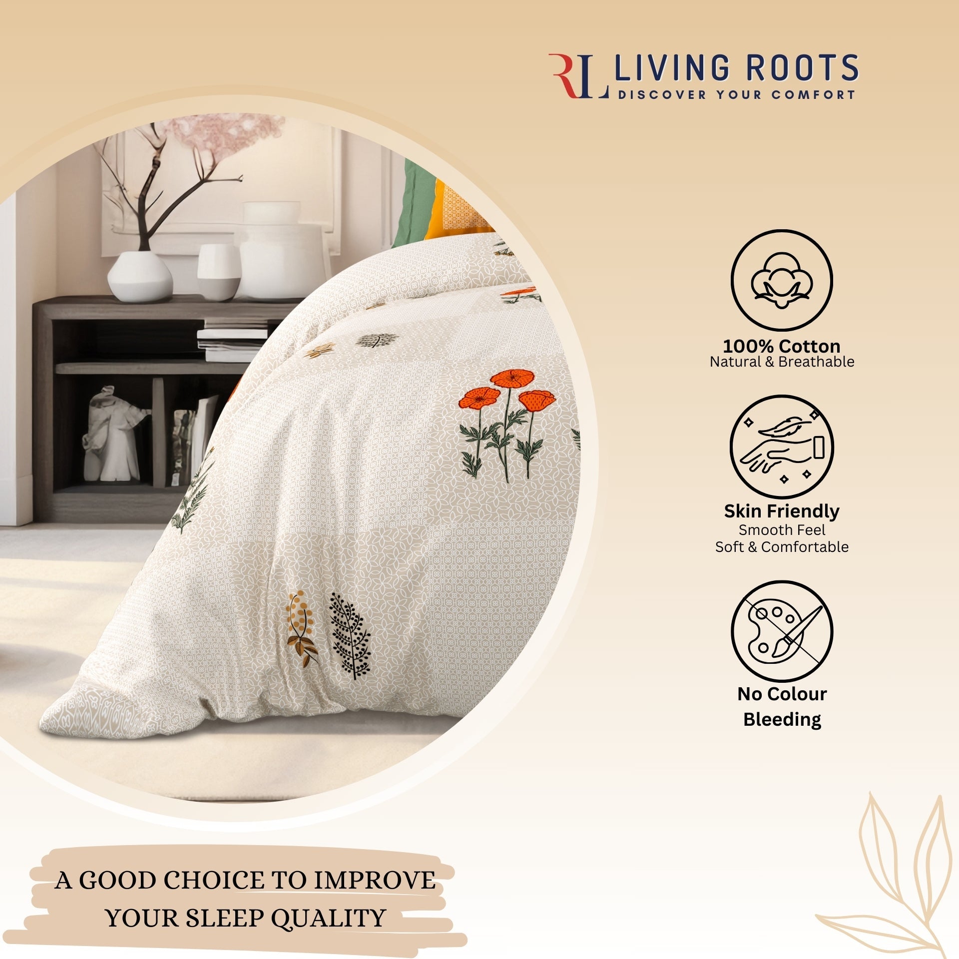 LIVING ROOTS Jaipuri Hand Block Print Super King Cotton Bedsheet 104*104 inches (8.6*8.6 feet) With 2 Pillow Cover | 240 TC | Rich Fast Colour With No Colour Bleeding | (525-C) (Brown)