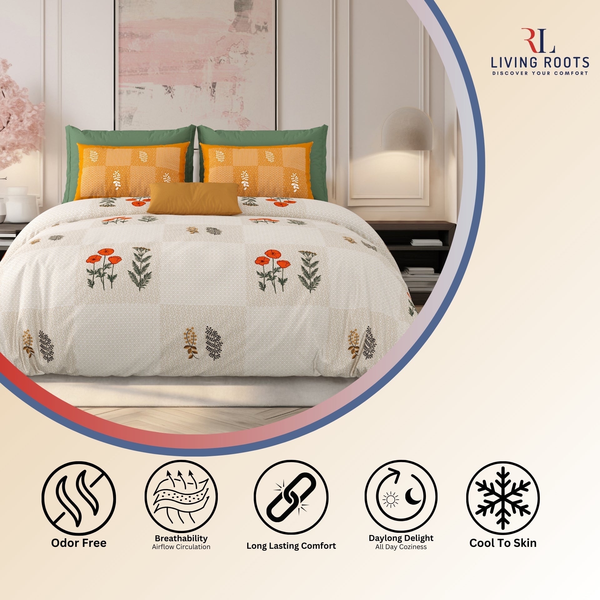 LIVING ROOTS Jaipuri Hand Block Print Super King Cotton Bedsheet 104*104 inches (8.6*8.6 feet) With 2 Pillow Cover | 240 TC | Rich Fast Colour With No Colour Bleeding | (525-C) (Brown)