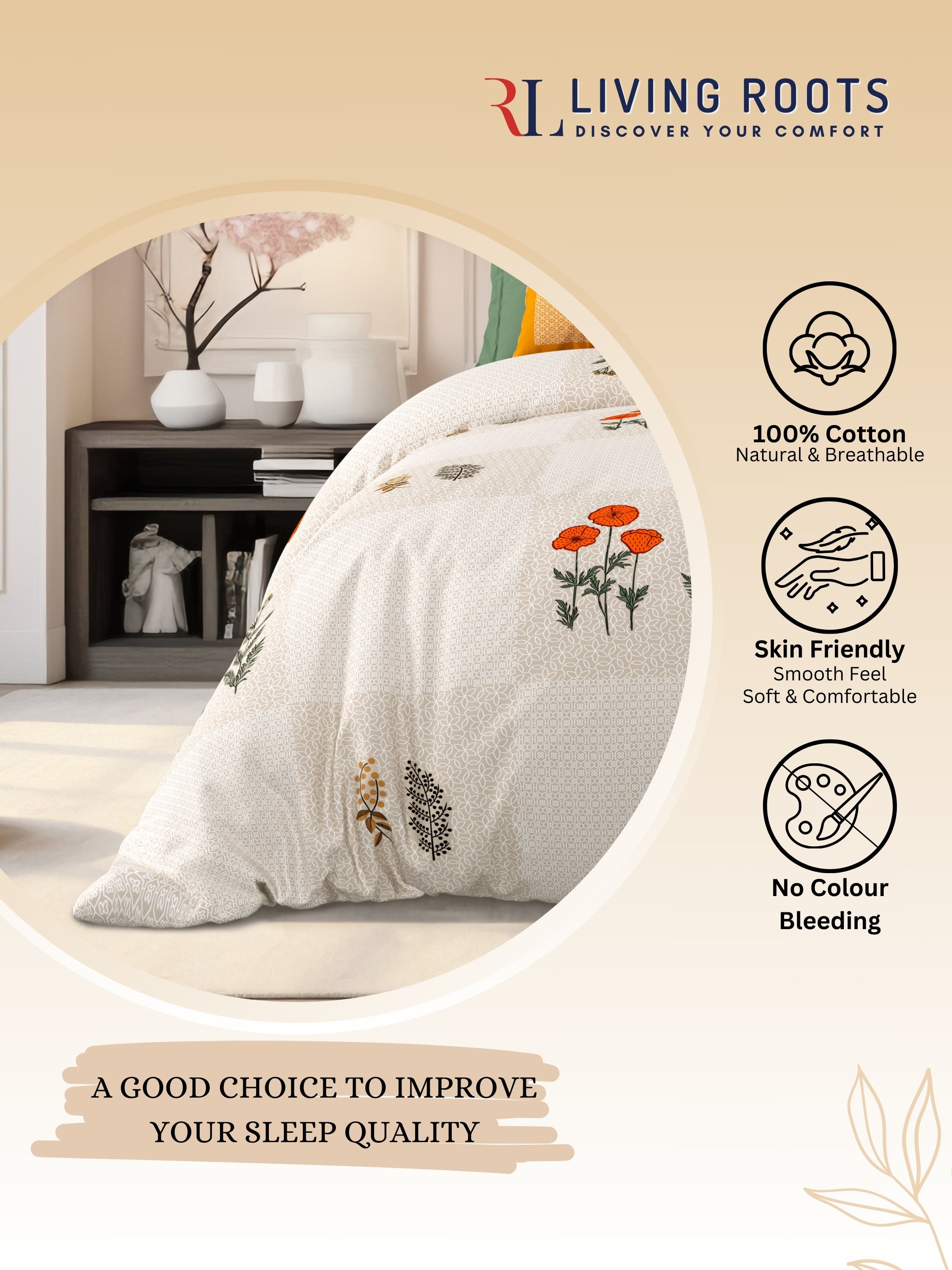 LIVING ROOTS Jaipuri Hand Block Print Super King Cotton Bedsheet 104*104 inches (8.6*8.6 feet) With 2 Pillow Cover | 240 TC | Rich Fast Colour With No Colour Bleeding | (525-C) (Brown)