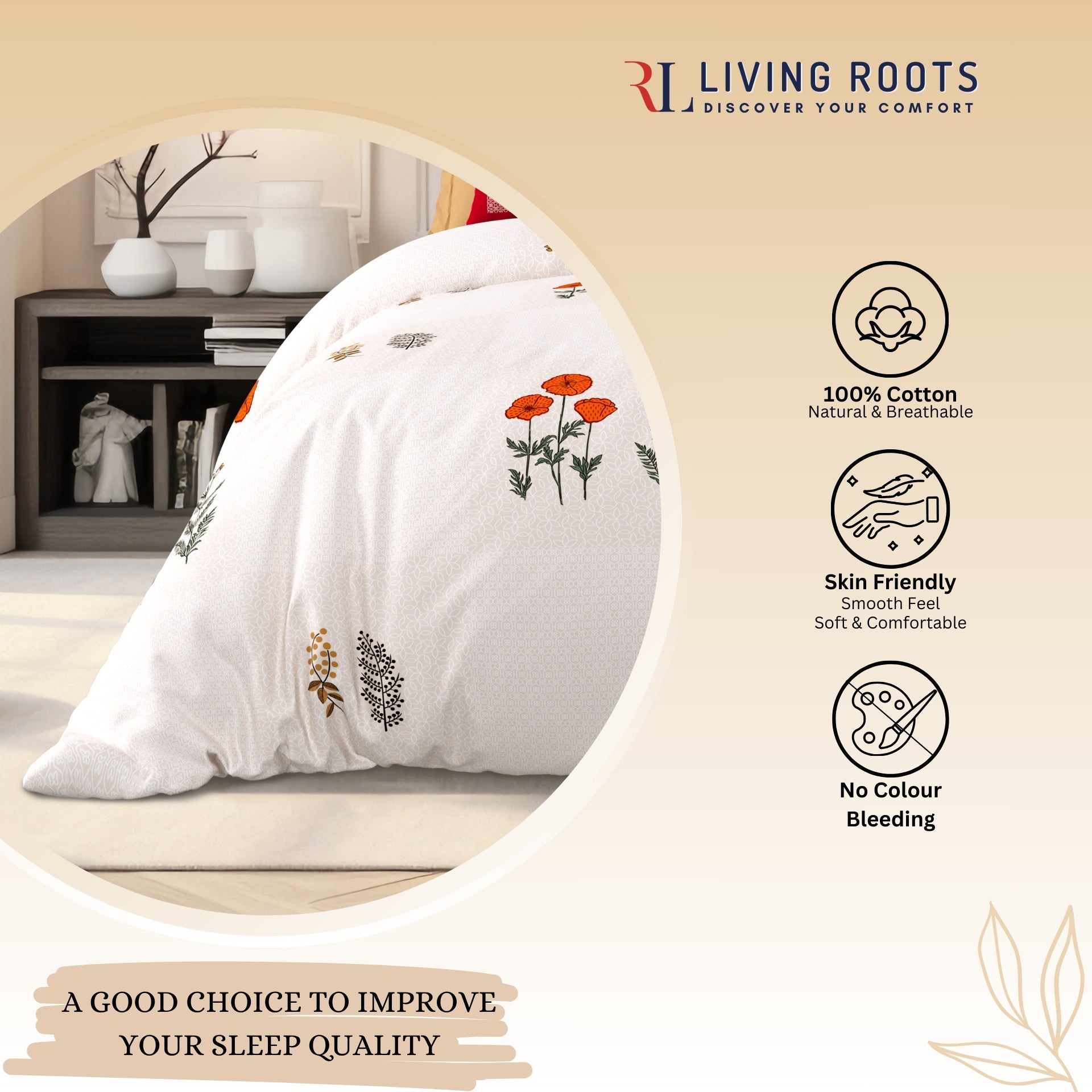 LIVING ROOTS Jaipuri Hand Block Print Super King Cotton Bedsheet 104*104 inches (8.6*8.6 feet) With 2 Pillow Cover | 240 TC | Rich Fast Colour With No Colour Bleeding | (525-D) (Pink)