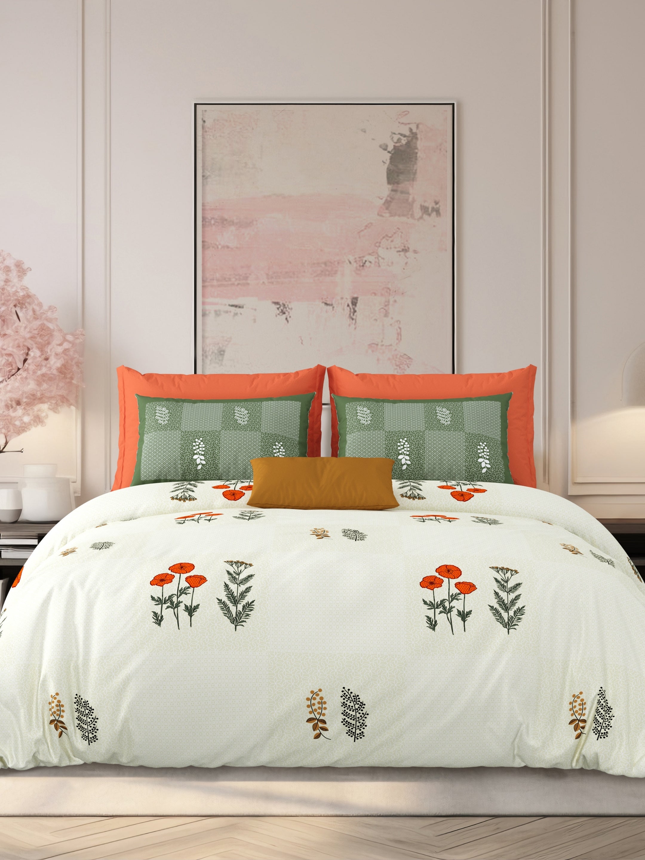 LIVING ROOTS Jaipuri Hand Block Print Super King Cotton Bedsheet 104*104 inches (8.6*8.6 feet) With 2 Pillow Cover | 240 TC | Rich Fast Colour With No Colour Bleeding | (525-E) (Cream)