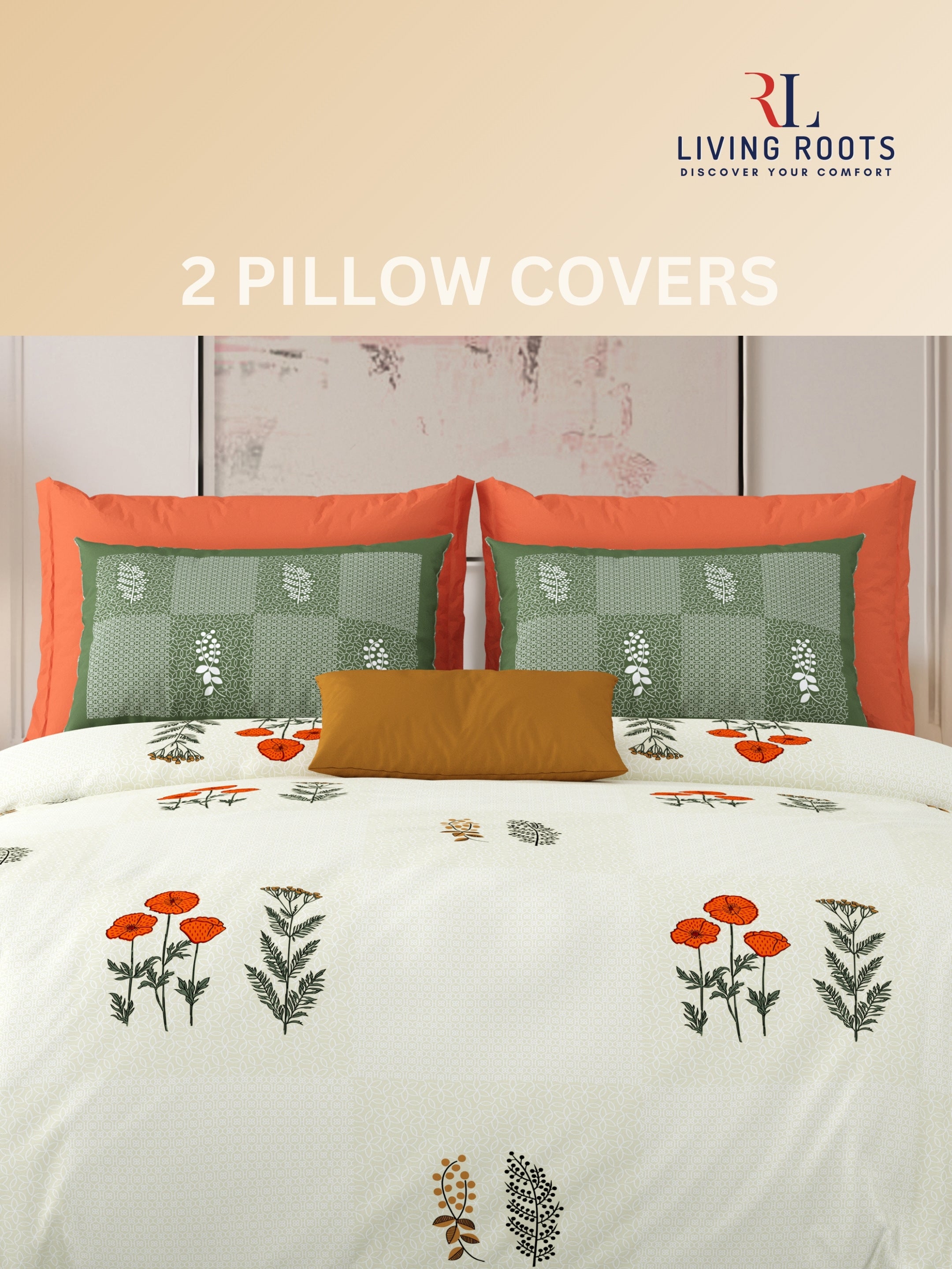 LIVING ROOTS Jaipuri Hand Block Print Super King Cotton Bedsheet 104*104 inches (8.6*8.6 feet) With 2 Pillow Cover | 240 TC | Rich Fast Colour With No Colour Bleeding | (525-E) (Cream)